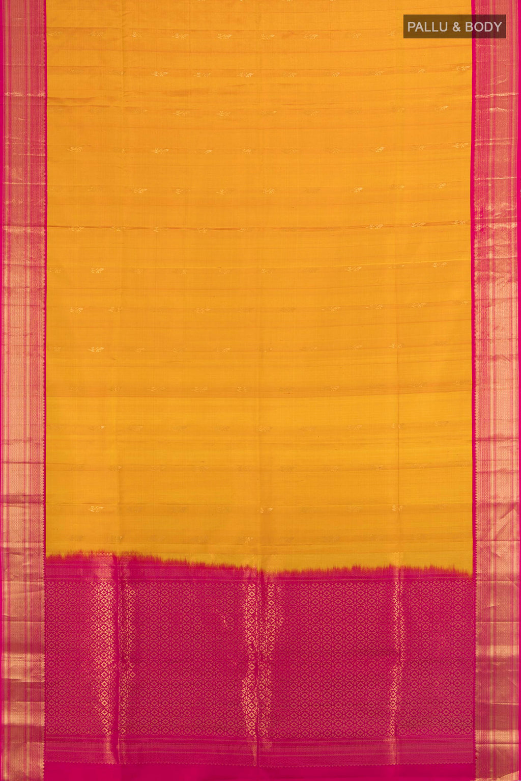 Flat view of Pure Silk Mustard Soft Saree with Zari Butta on the body and Zari Border. 