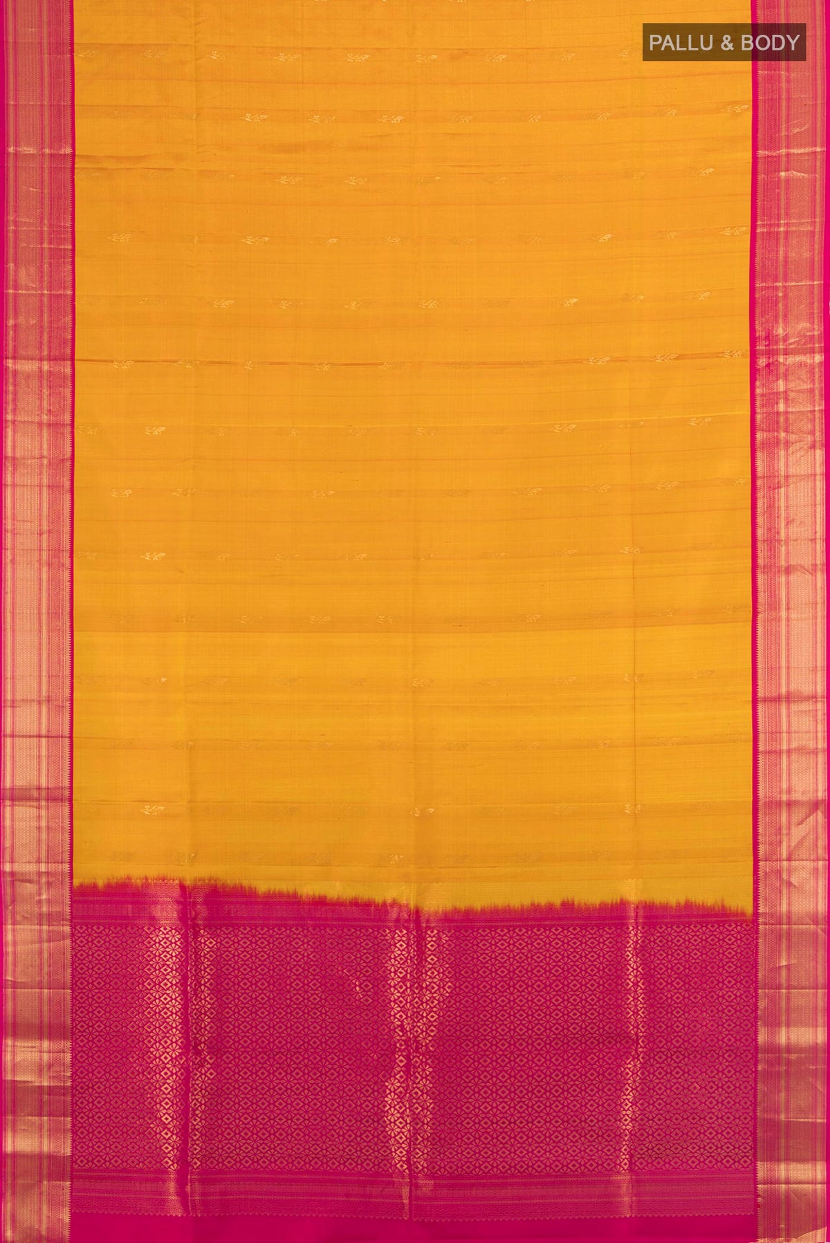 Flat view of Pure Silk Mustard Soft Saree with Zari Butta on the body and Zari Border. 