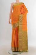 Pure Silk Yellow Soft Saree with Zari Butta on the body and Zari Border.  displayed on a mannequin
