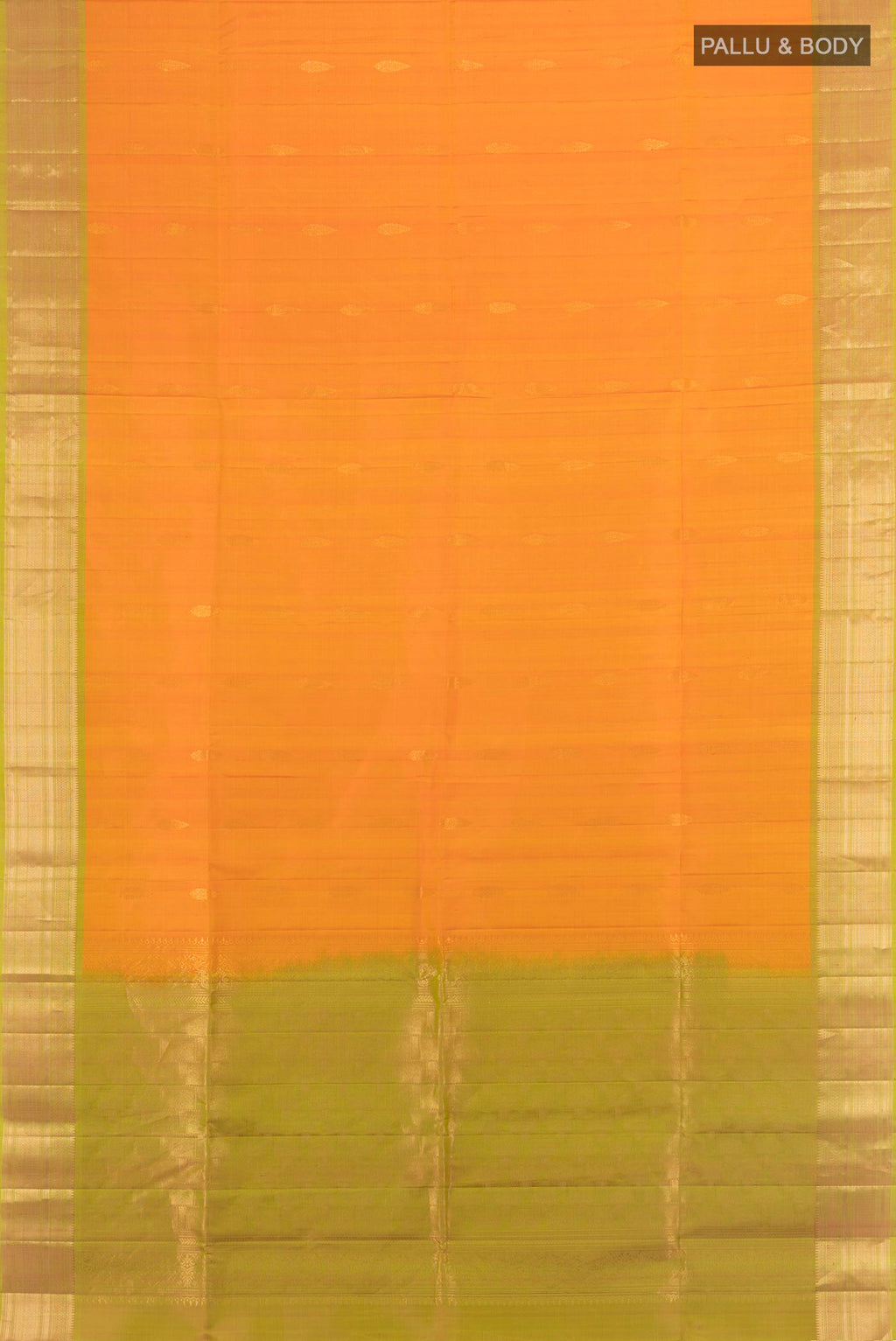 Flat view of Pure Silk Yellow Soft Saree with Zari Butta on the body and Zari Border. 