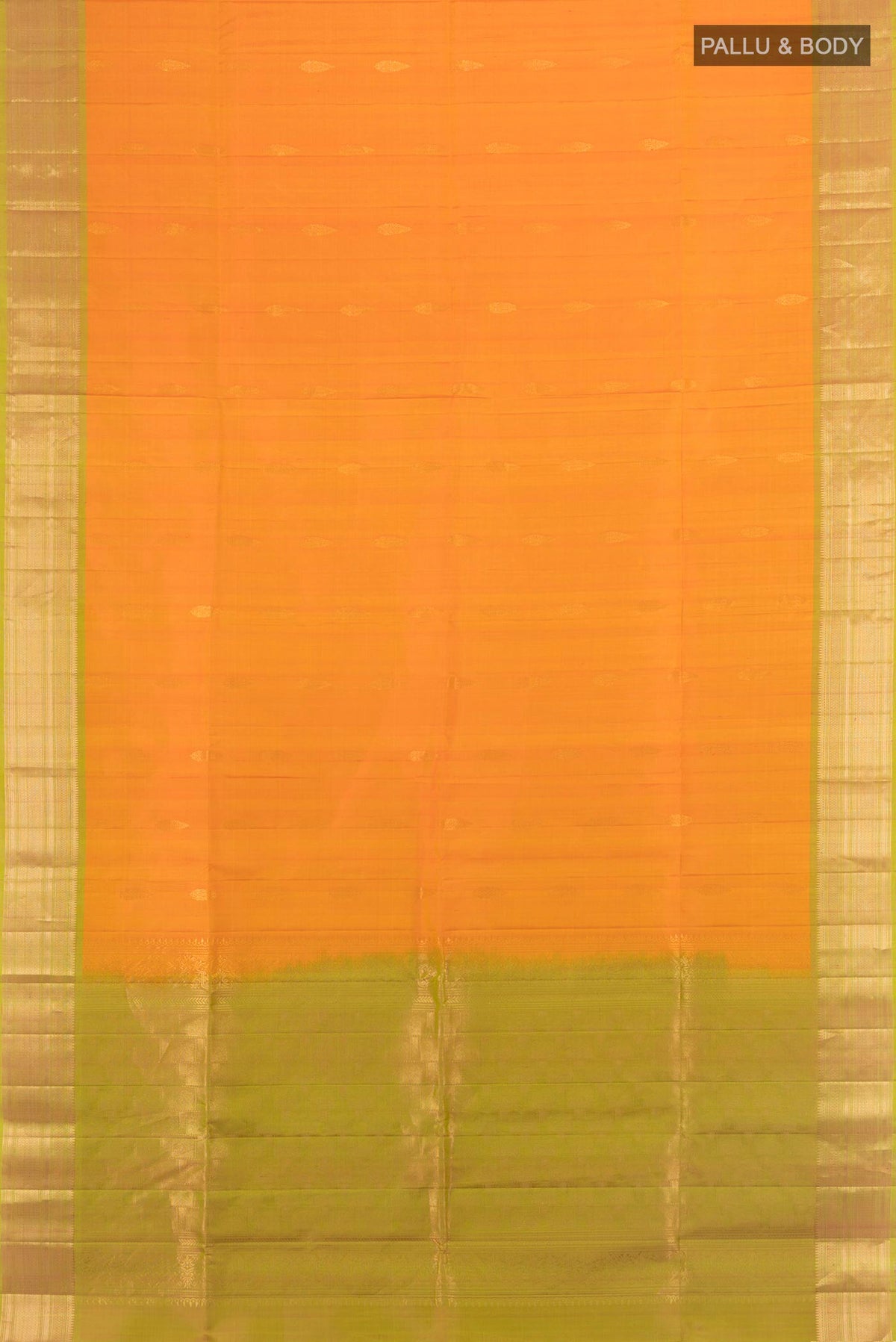 Flat view of Pure Silk Yellow Soft Saree with Zari Butta on the body and Zari Border. 