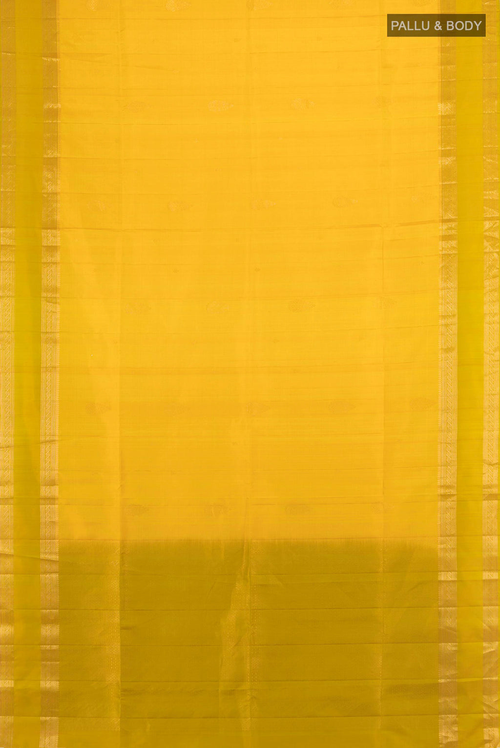 Flat view of Pure Silk Mustard Soft Saree with Zari Butta on the body and Zari Border. 