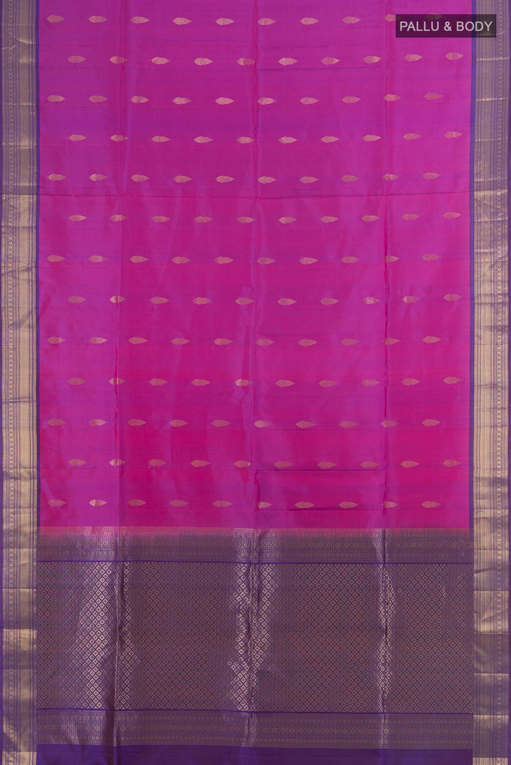 Flat view of Pure Silk Purple Soft Saree with Zari Butta on the body and Silk Border. 