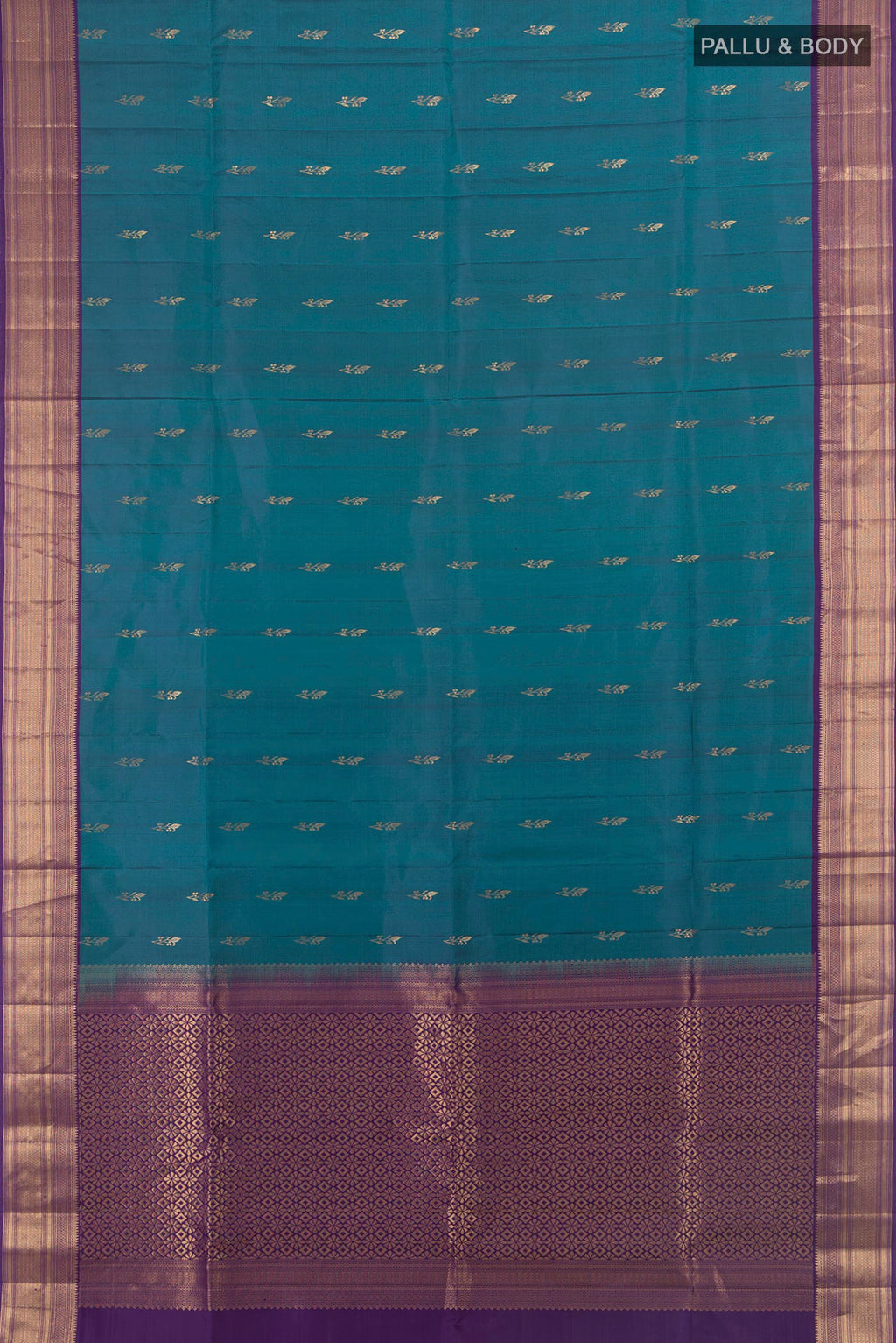 Flat view of Pure Silk Peacock Blue Soft Saree with Zari Butta on the body and Zari Border. 