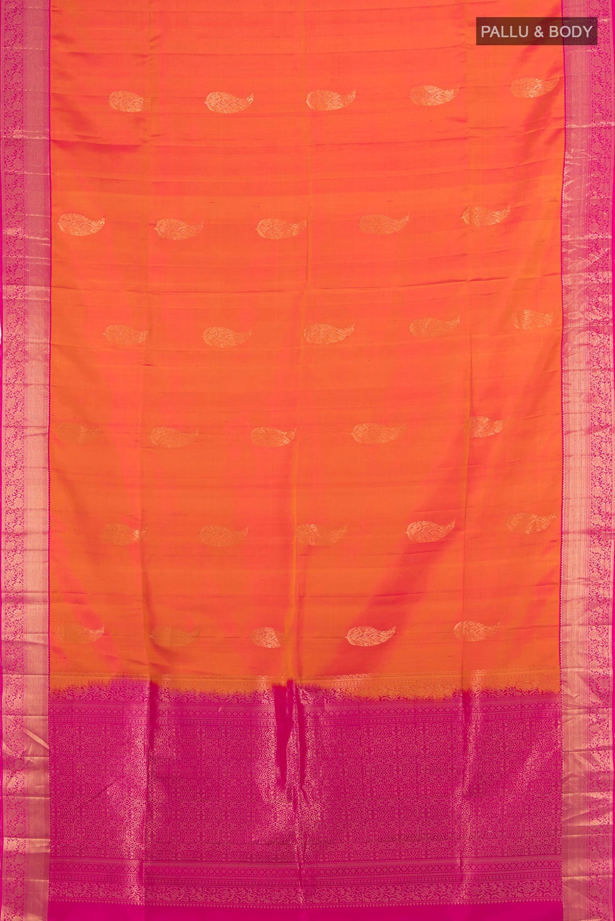 Flat view of Pure Silk Brick Orange Soft Saree with Zari Butta on the body and Zari Border. 