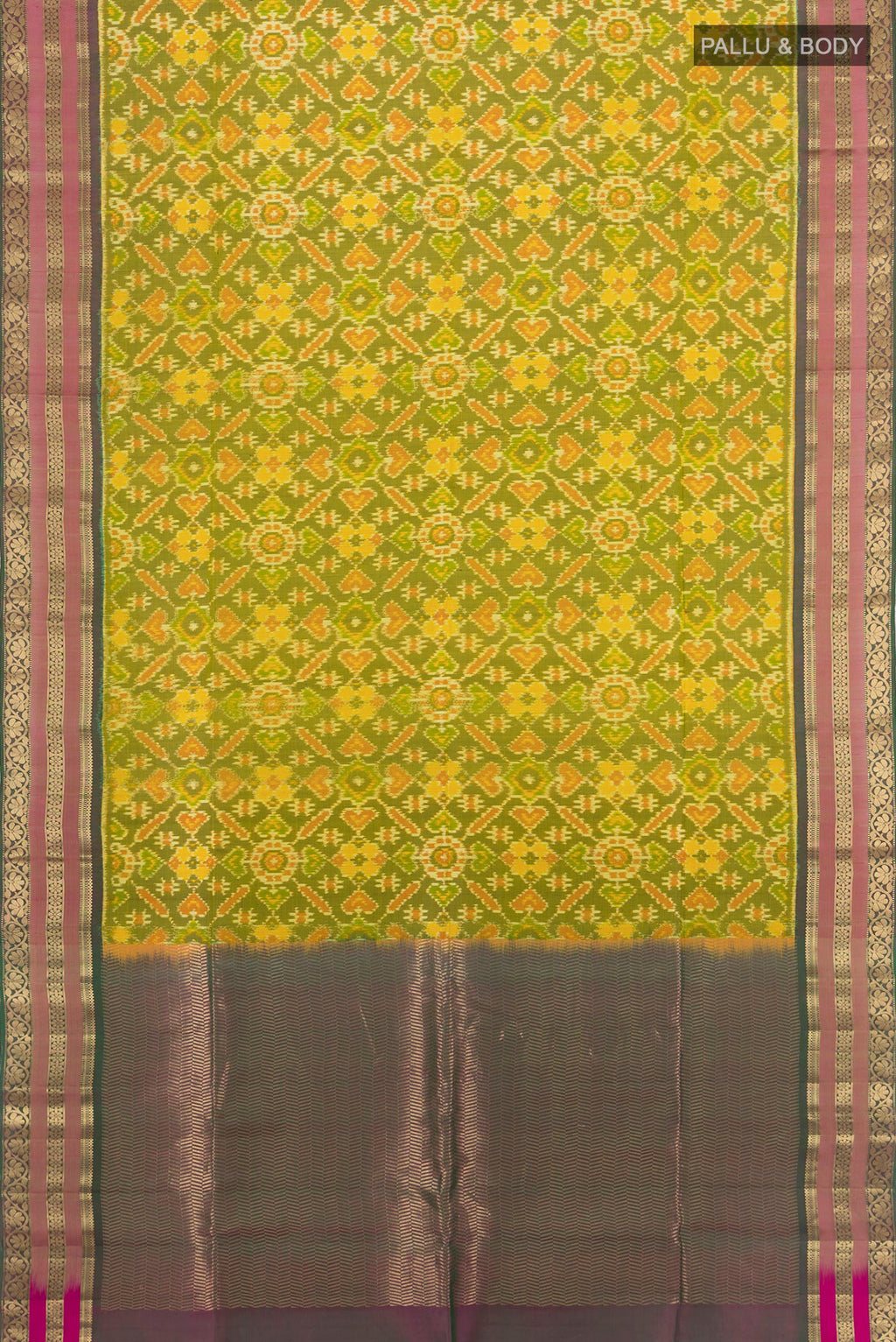 Flat view of Pure Silk Multi Color Soft Saree with Ikat Print on the body and Zari Border. 
