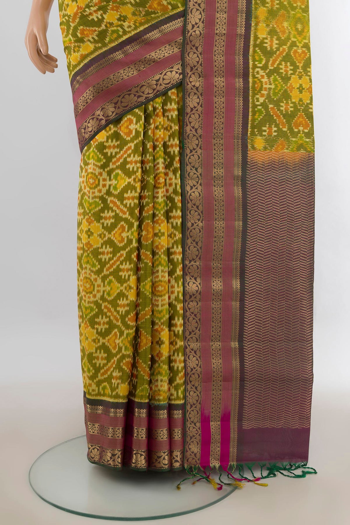 Pleats and pallu of Pure Silk Multi Color Soft Saree with Ikat Print on the body and Zari Border. 