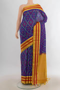 Pure Silk Blue Soft Saree with Ikat Print on the body and Zari Border.  displayed on a mannequin