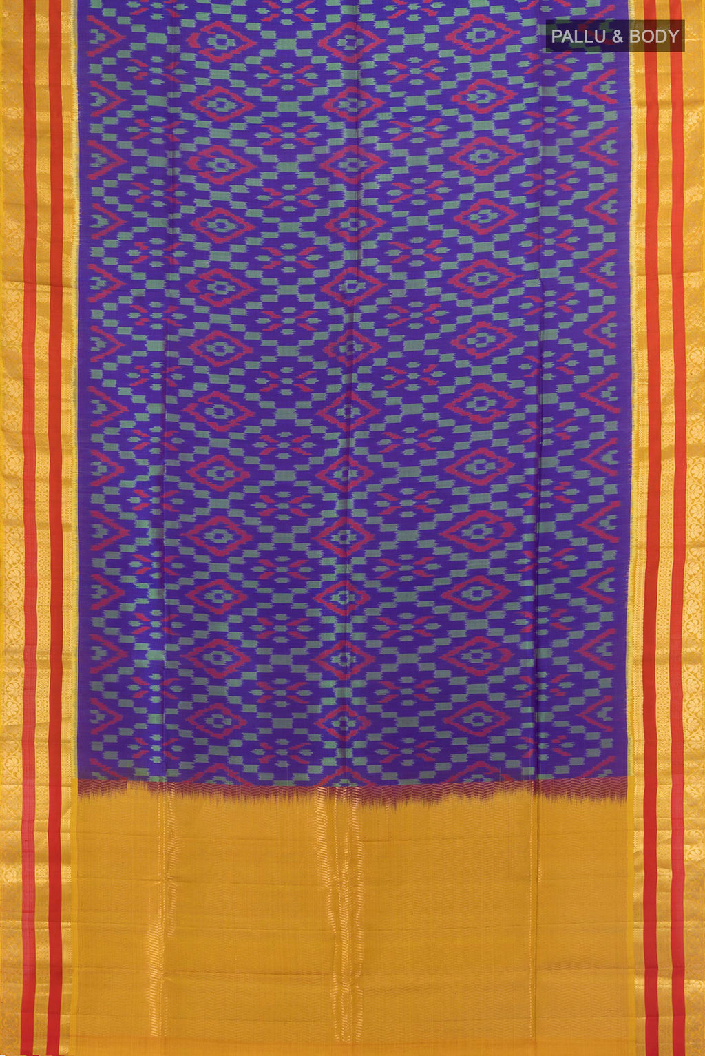 Flat view of Pure Silk Blue Soft Saree with Ikat Print on the body and Zari Border. 