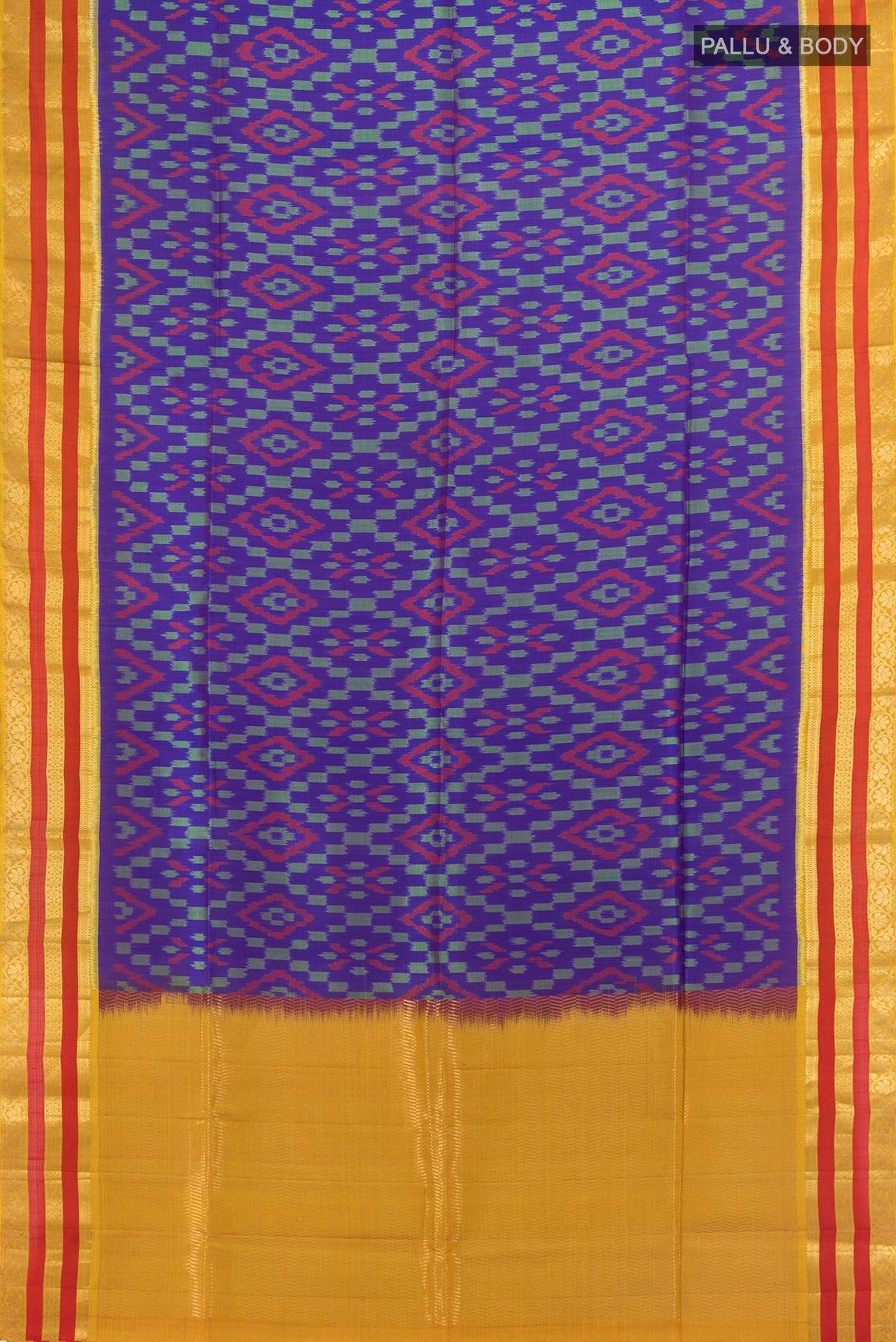 Flat view of Pure Silk Blue Soft Saree with Ikat Print on the body and Zari Border. 