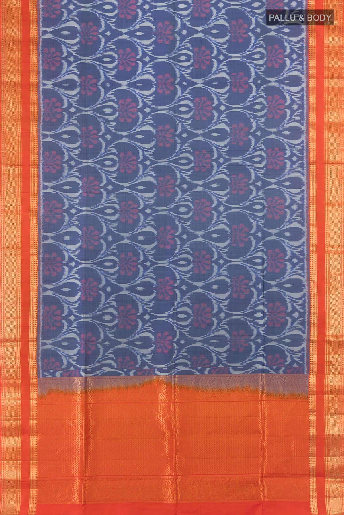 Flat view of Pure Silk Grey Soft Saree with Ikat Print on the body and Zari Border. 