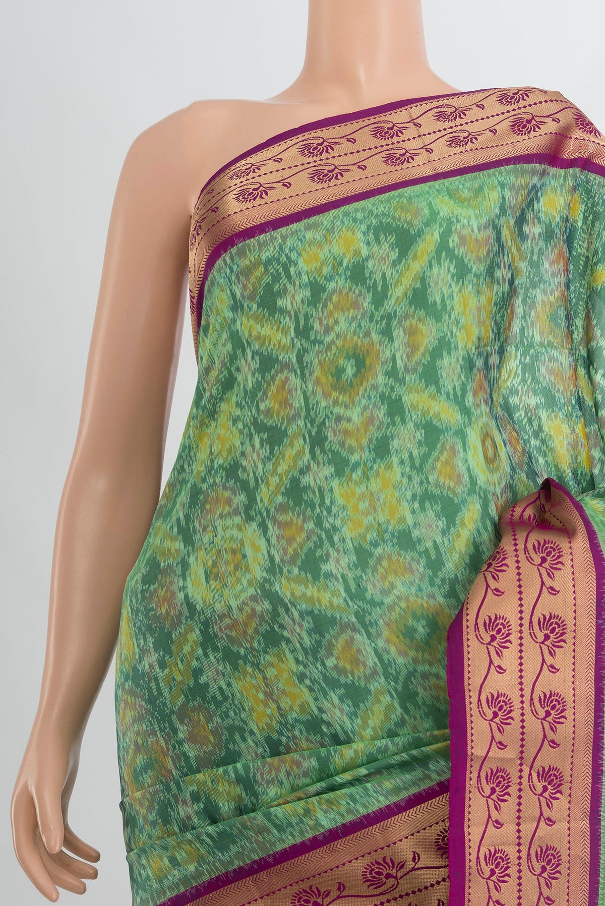 Border image of Pure Silk Multi Color Soft Saree with Ikat Print on the body and Silk Border. 