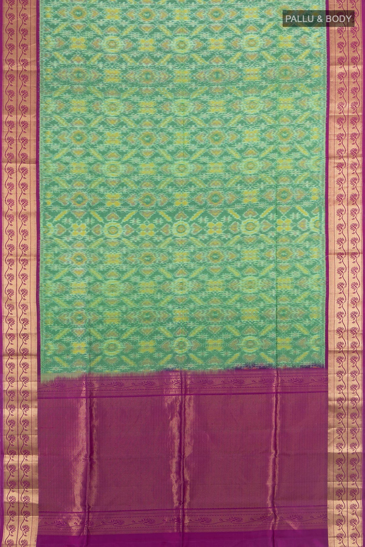 Flat view of Pure Silk Multi Color Soft Saree with Ikat Print on the body and Silk Border. 