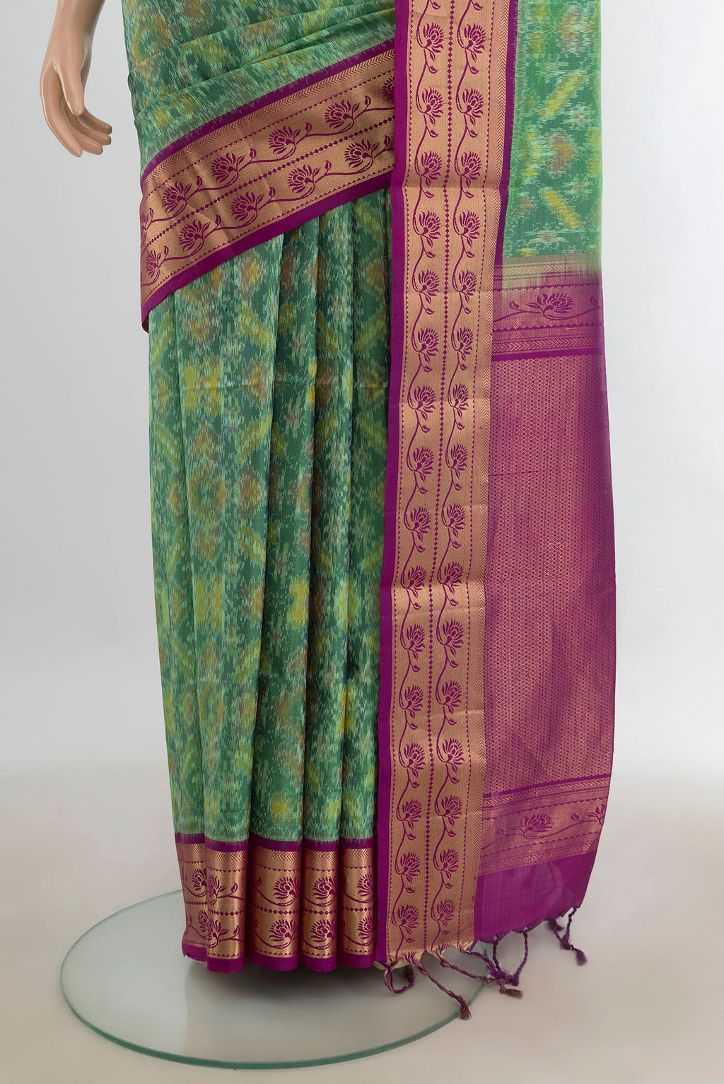 Pleats and pallu of Pure Silk Multi Color Soft Saree with Ikat Print on the body and Silk Border. 