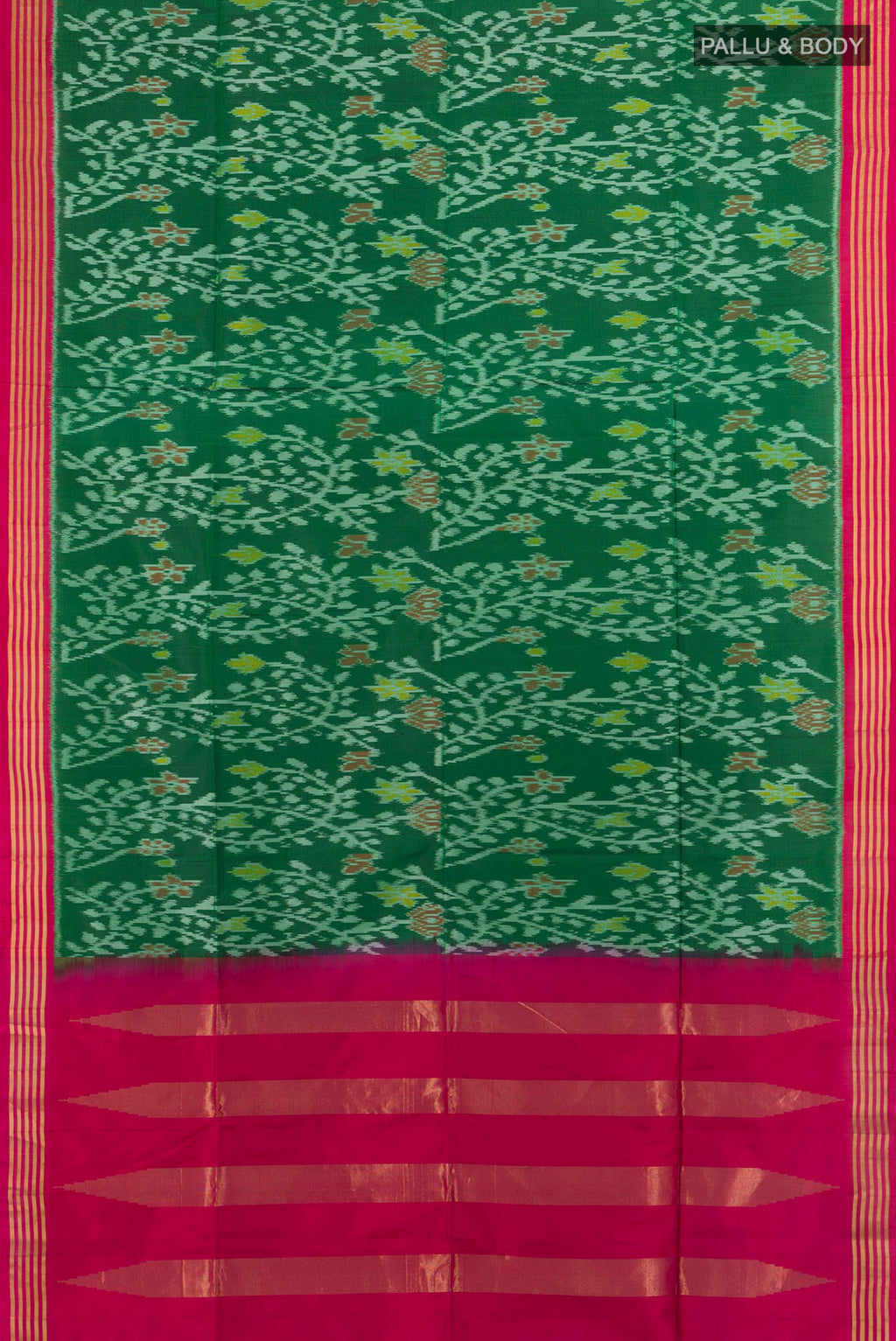 Flat view of Pure Silk Multi Color Soft Saree with Ikat Print on the body and Silk Border. 