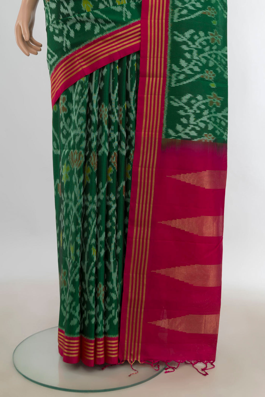 Pleats and pallu of Pure Silk Multi Color Soft Saree with Ikat Print on the body and Silk Border. 