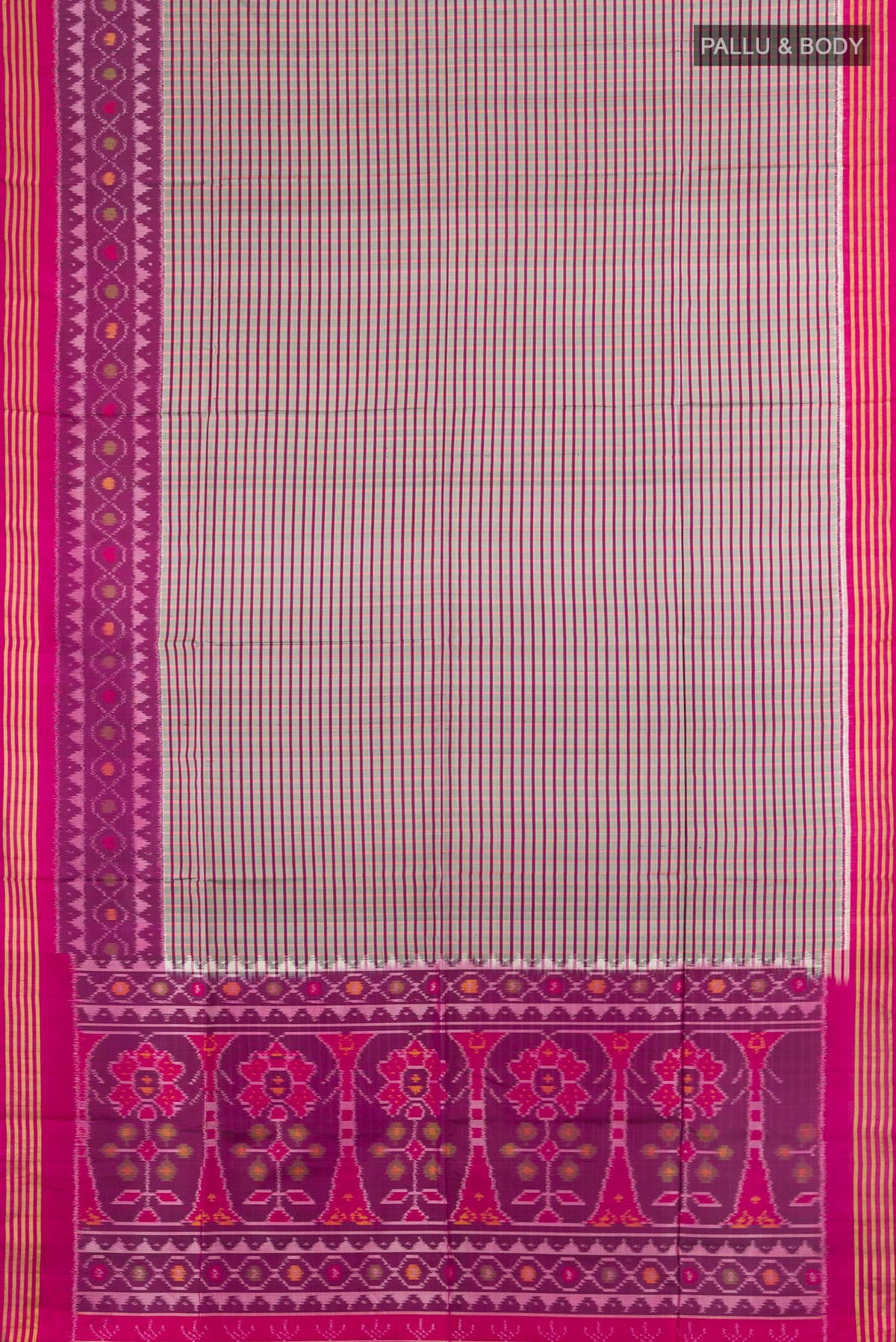 Flat view of Pure Silk Multi Color Soft Saree with Ikat Print on the body and Silk Border. 