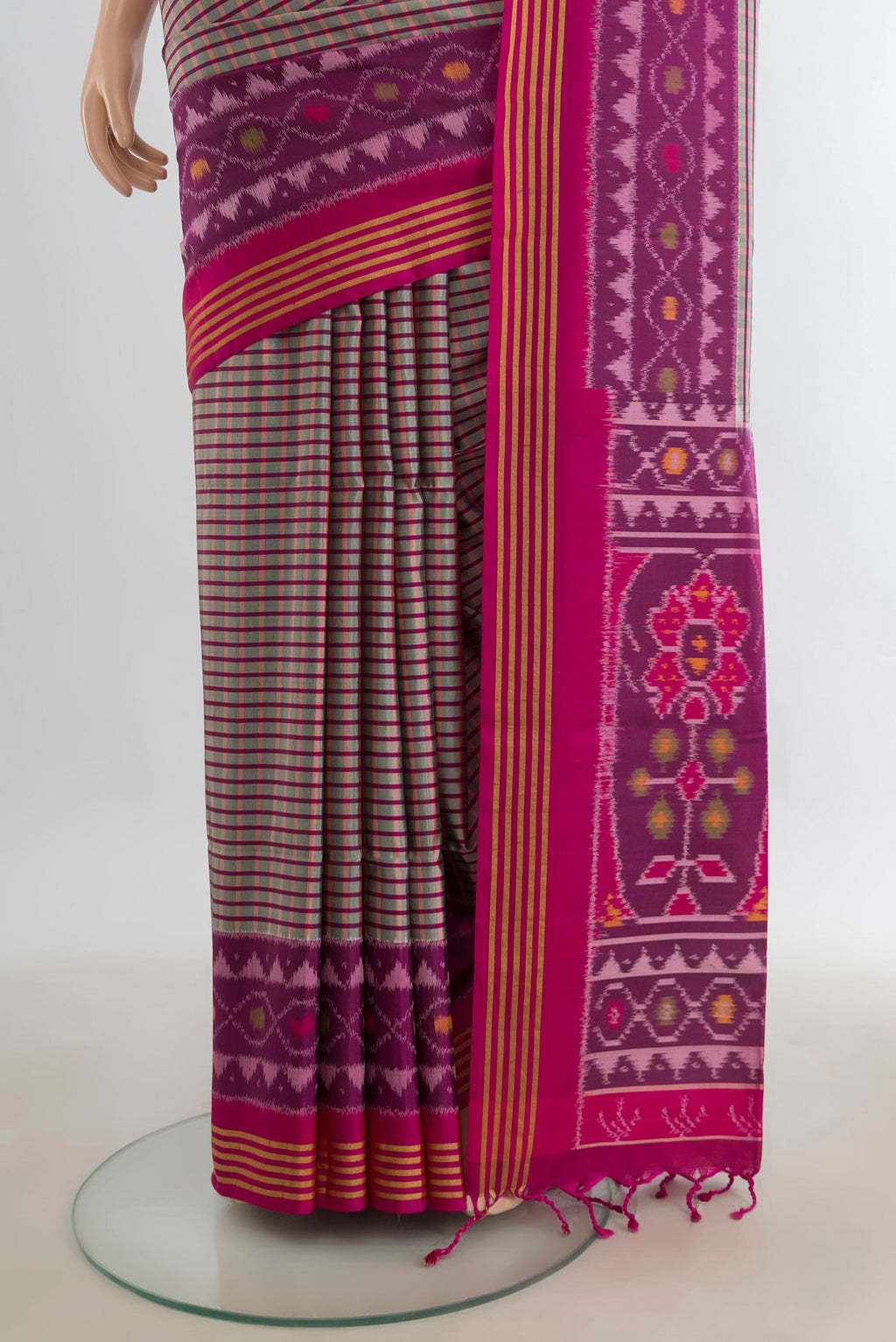 Pleats and pallu of Pure Silk Multi Color Soft Saree with Ikat Print on the body and Silk Border. 