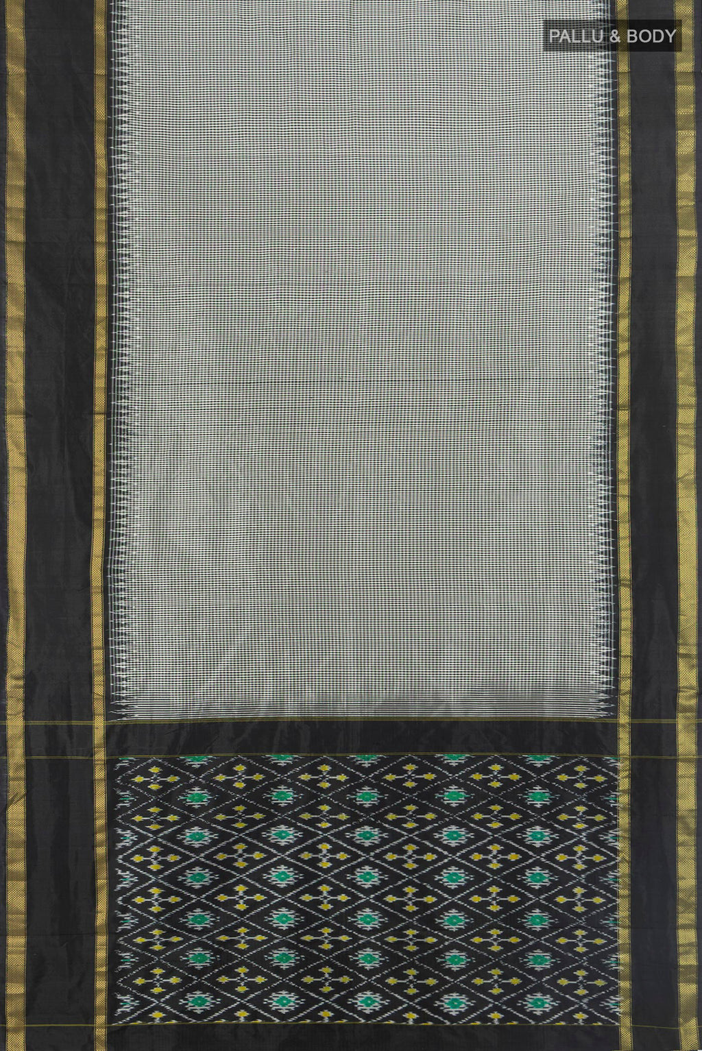 Flat view of Pure Silk Multi Color Pochampally Saree with Ikat Print on the body and Silk Border. 