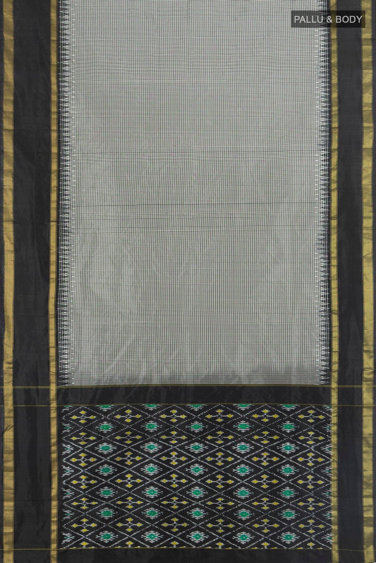 Flat view of Pure Silk Multi Color Pochampally Saree with Ikat Print on the body and Silk Border. 