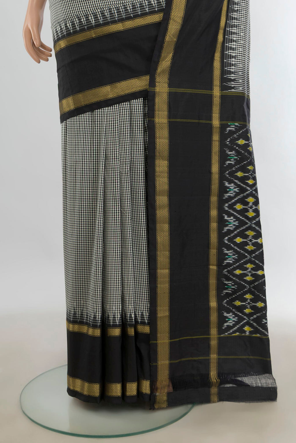 Pleats and pallu of Pure Silk Multi Color Pochampally Saree with Ikat Print on the body and Silk Border. 