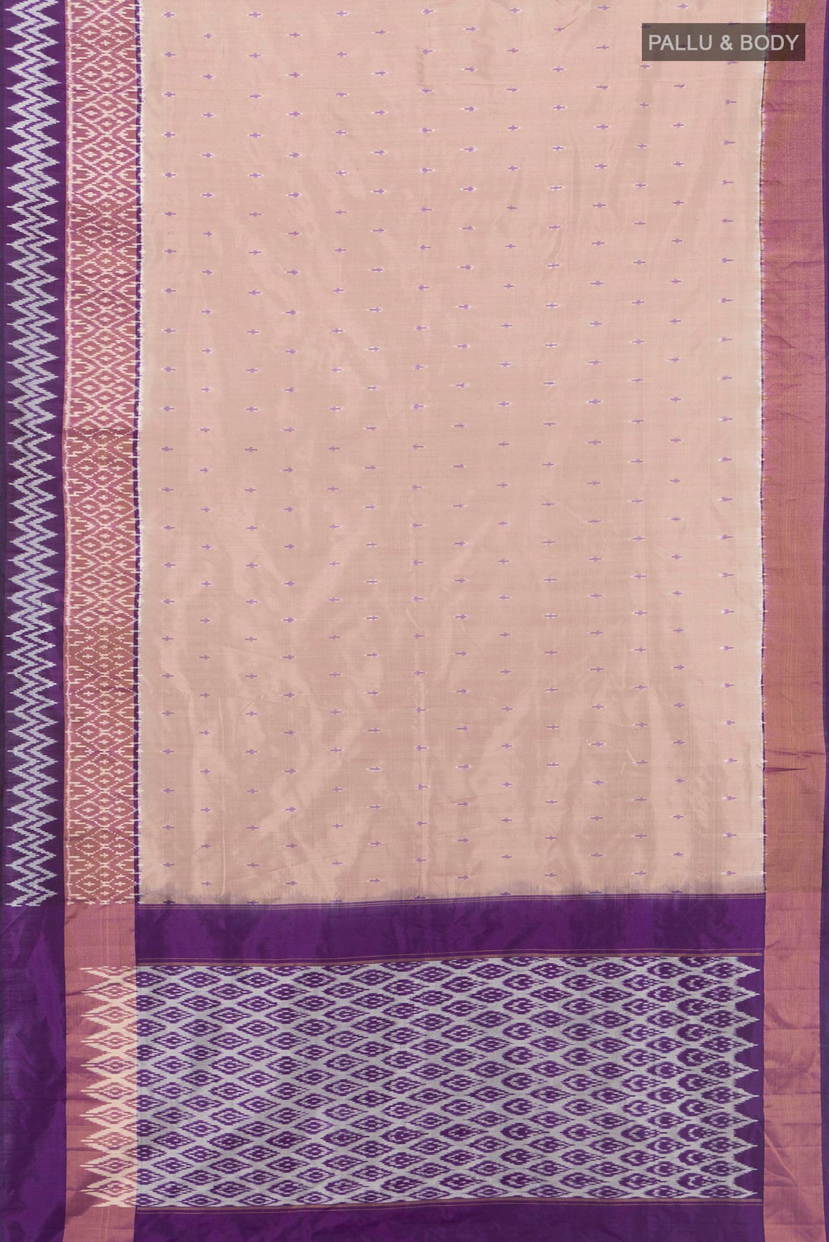 Flat view of Pure Silk Beige Pochampally Saree with Pure Ikat on the body and Zari Border. 