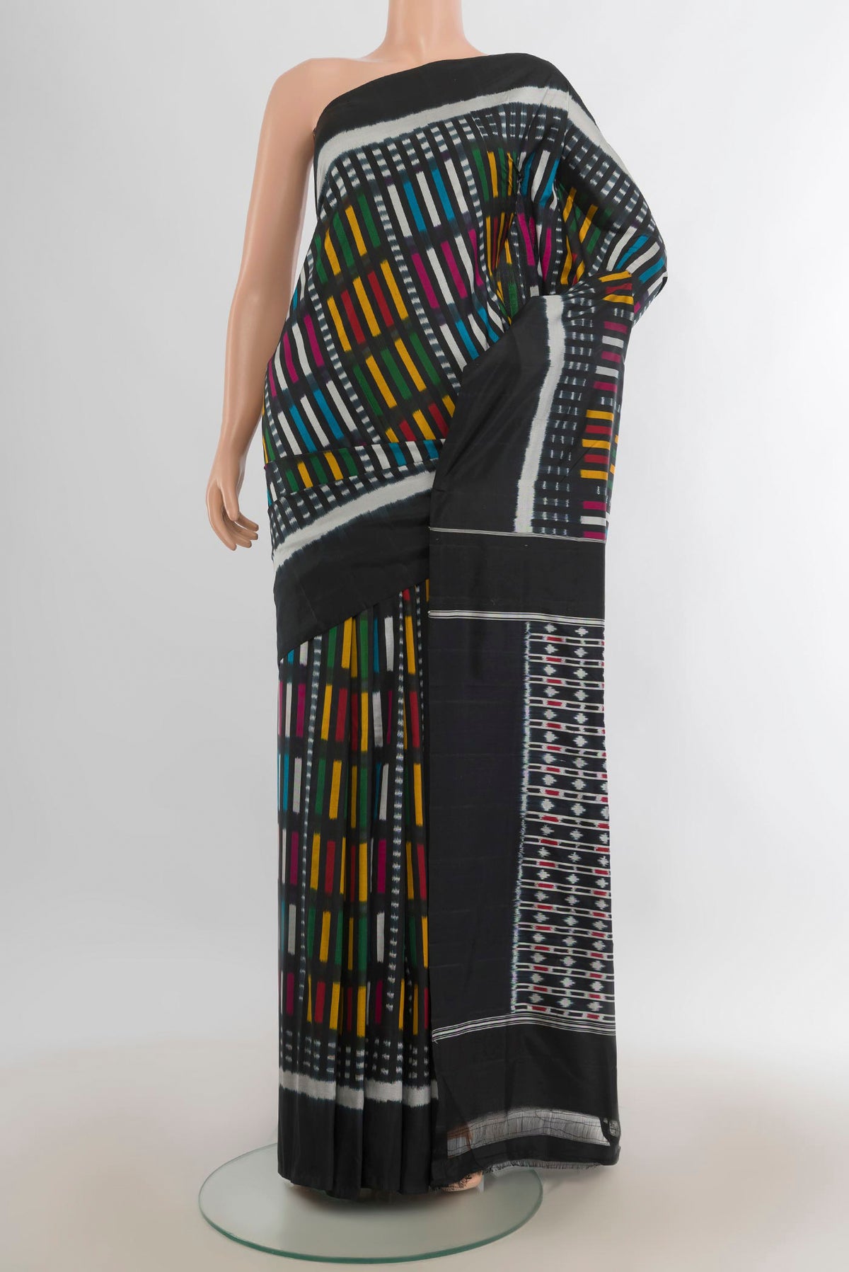 Pure Silk Multi Color Pochampally Saree with Pure Ikat on the body and Plain Border.  displayed on a mannequin