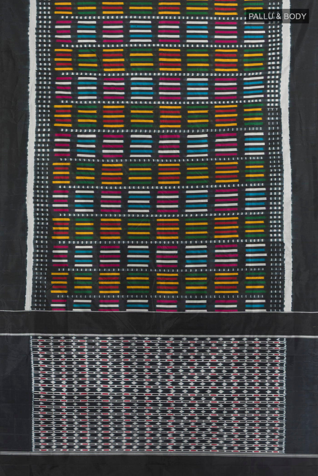 Flat view of Pure Silk Multi Color Pochampally Saree with Pure Ikat on the body and Plain Border. 