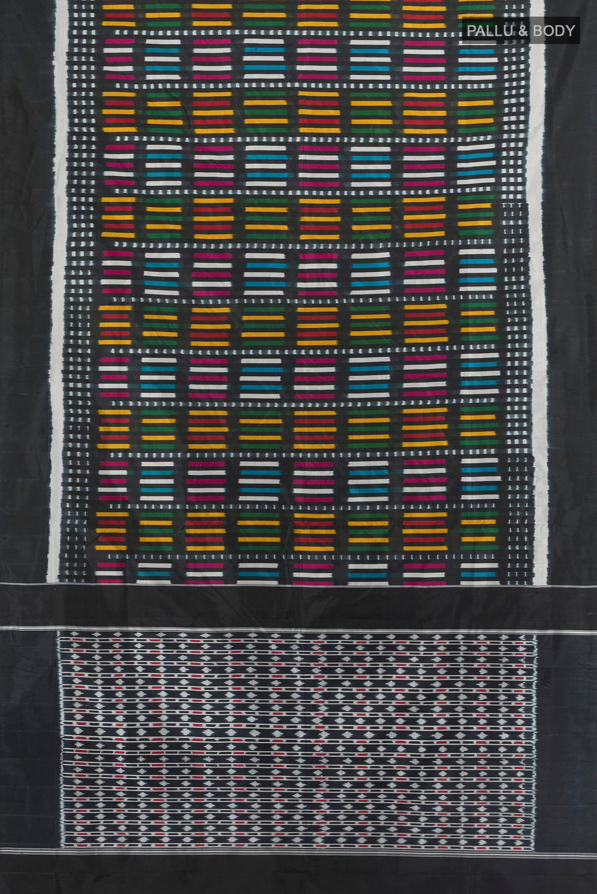 Flat view of Pure Silk Multi Color Pochampally Saree with Pure Ikat on the body and Plain Border. 