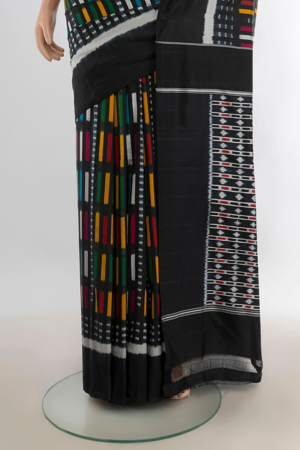 Pleats and pallu of Pure Silk Multi Color Pochampally Saree with Pure Ikat on the body and Plain Border. 