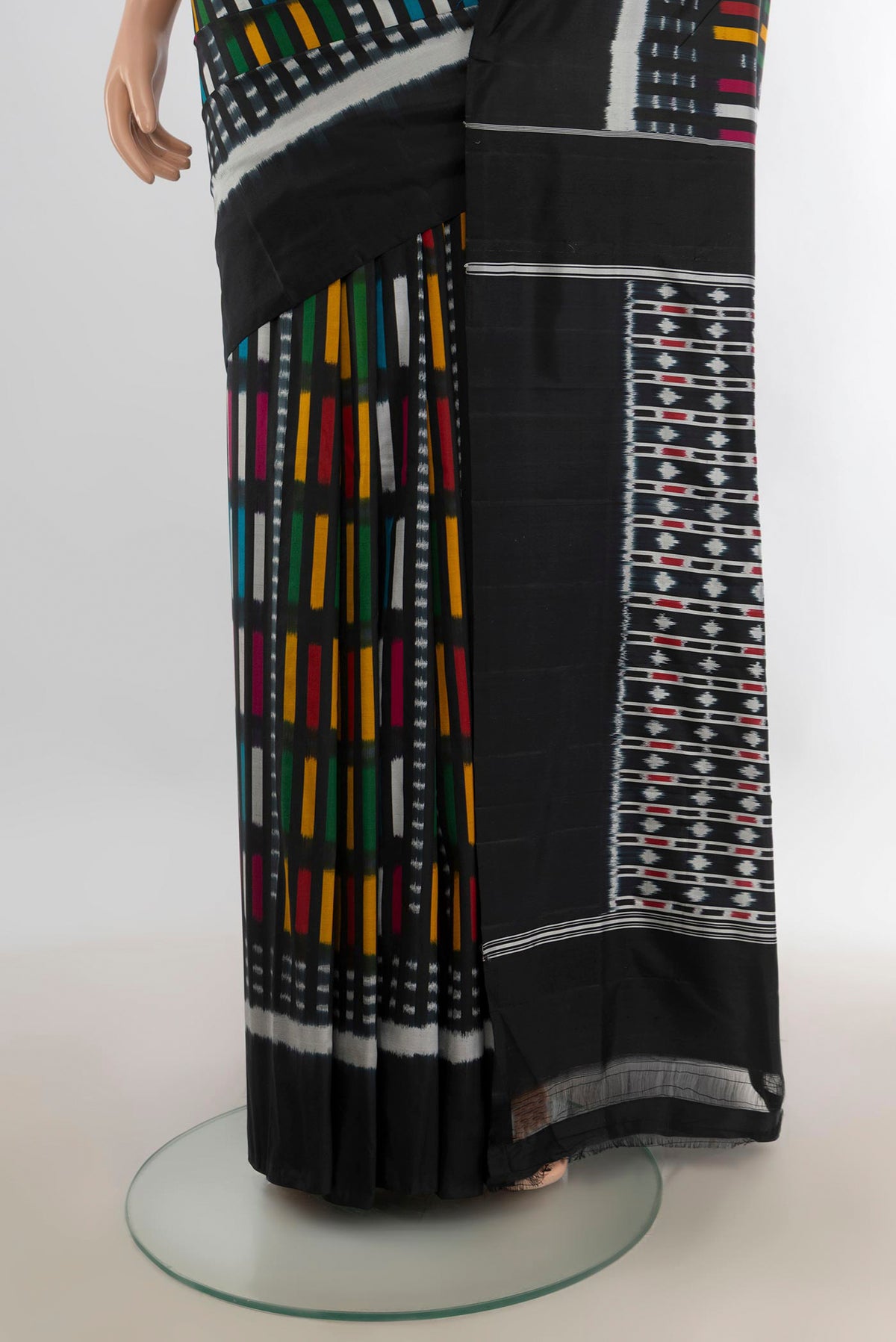 Pleats and pallu of Pure Silk Multi Color Pochampally Saree with Pure Ikat on the body and Plain Border. 