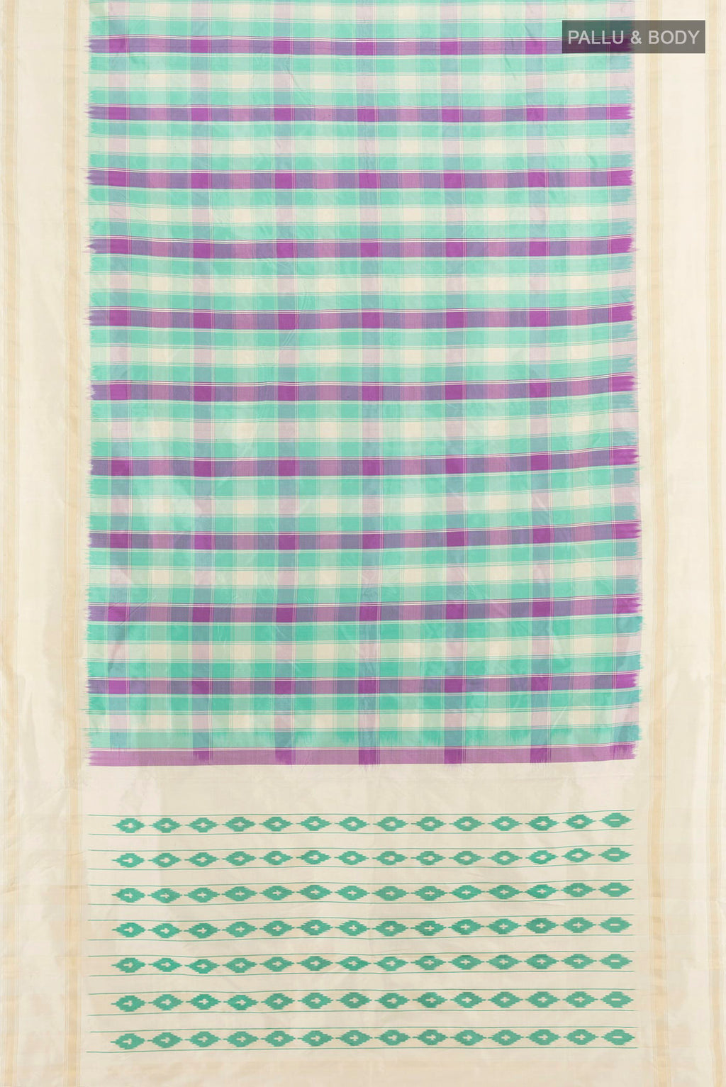 Flat view of Pure Silk Multi Color Pochampally Saree with Pure Ikat on the body and Plain Border. 