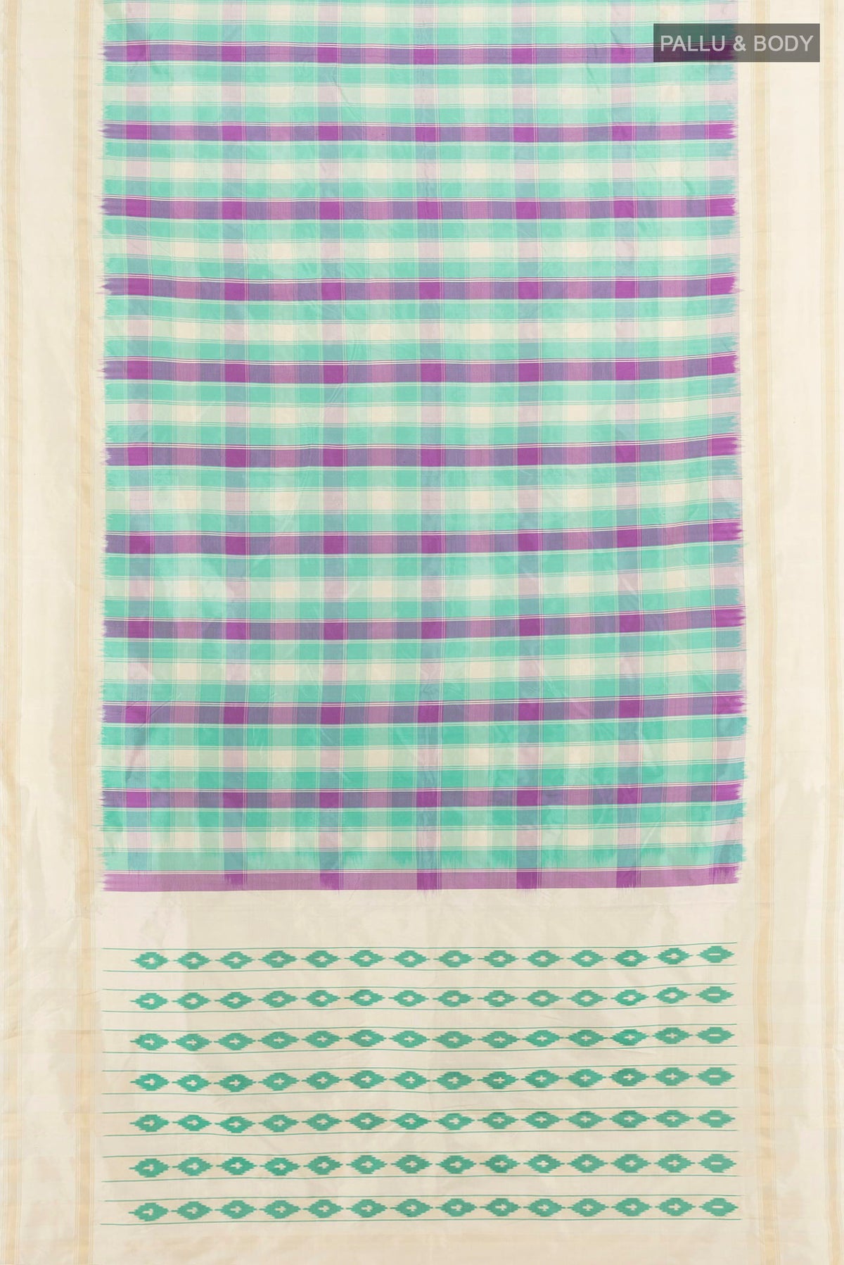 Flat view of Pure Silk Multi Color Pochampally Saree with Pure Ikat on the body and Plain Border. 