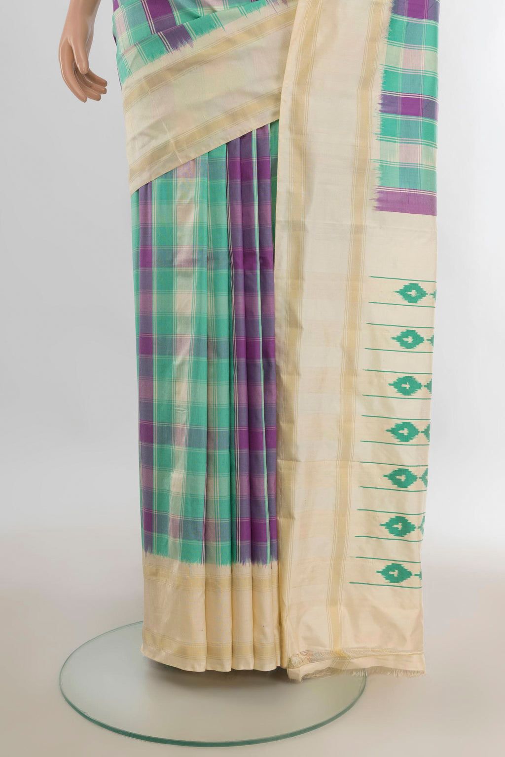 Pleats and pallu of Pure Silk Multi Color Pochampally Saree with Pure Ikat on the body and Plain Border. 