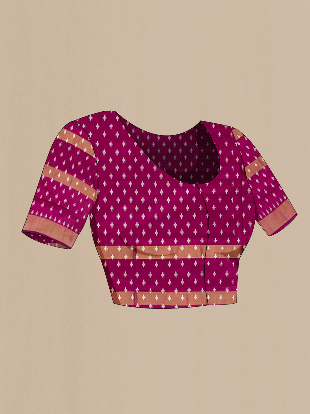 Close up image of the blouse of Pure Silk Peacock Blue Pochampally Saree with Plain Body and Ikat Border. 
