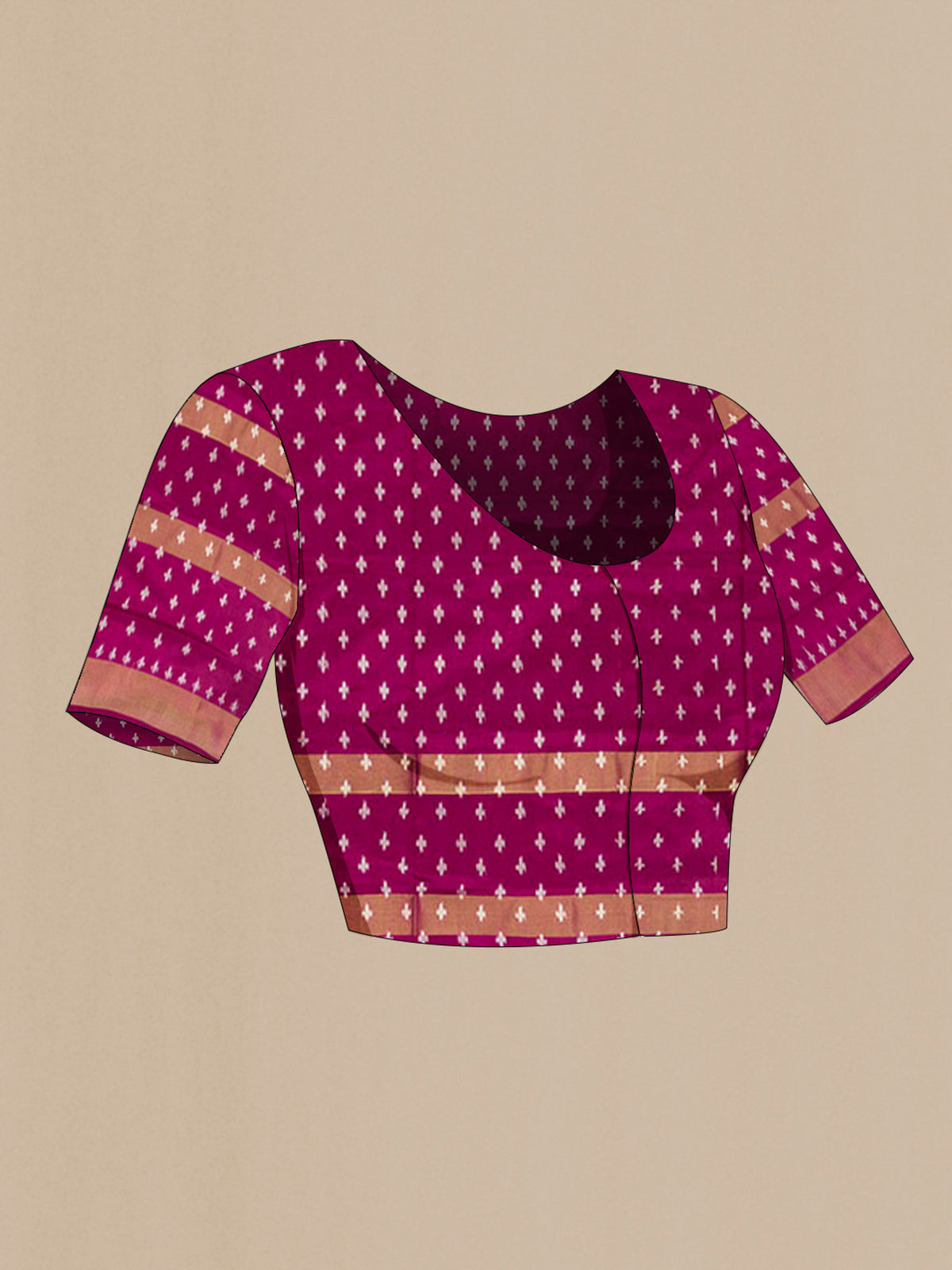 Close up image of the blouse of Pure Silk Peacock Blue Pochampally Saree with Plain Body and Ikat Border. 