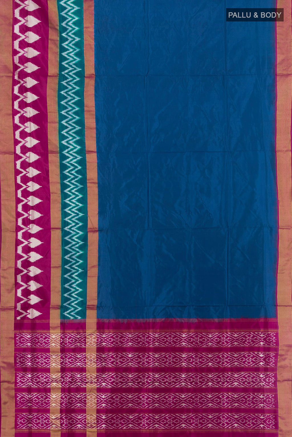 Flat view of Pure Silk Peacock Blue Pochampally Saree with Plain Body and Ikat Border. 