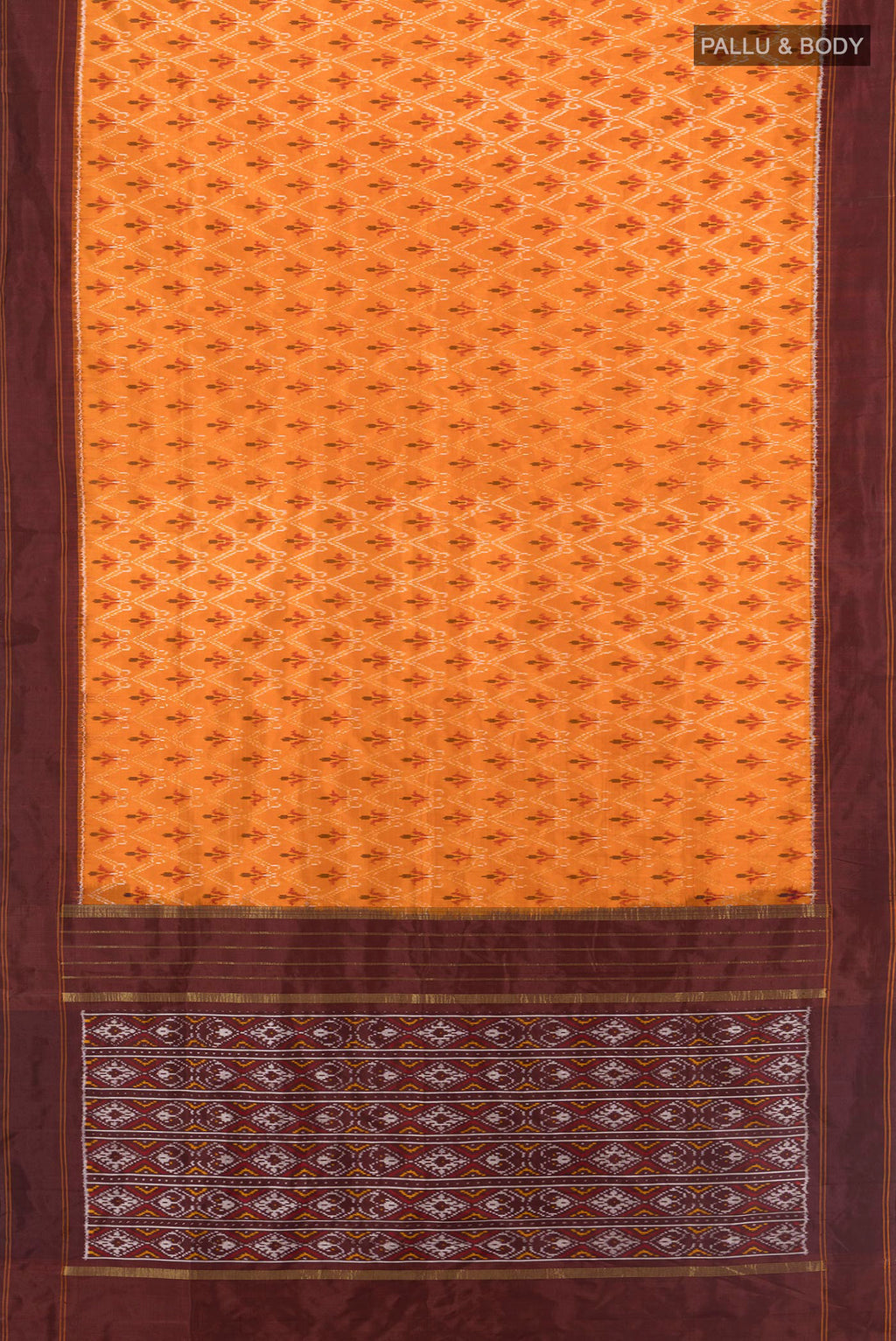 Flat view of Pure Silk Orange Pochampally Saree with Pure Ikat on the body and Plain Border. 