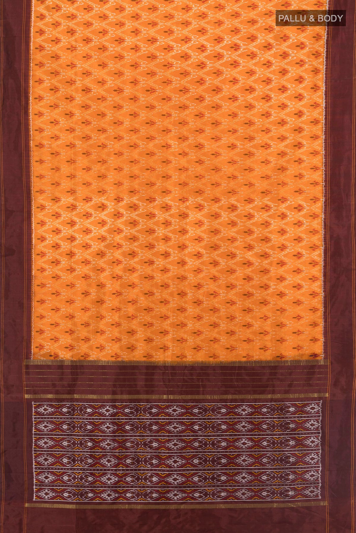 Flat view of Pure Silk Orange Pochampally Saree with Pure Ikat on the body and Plain Border. 