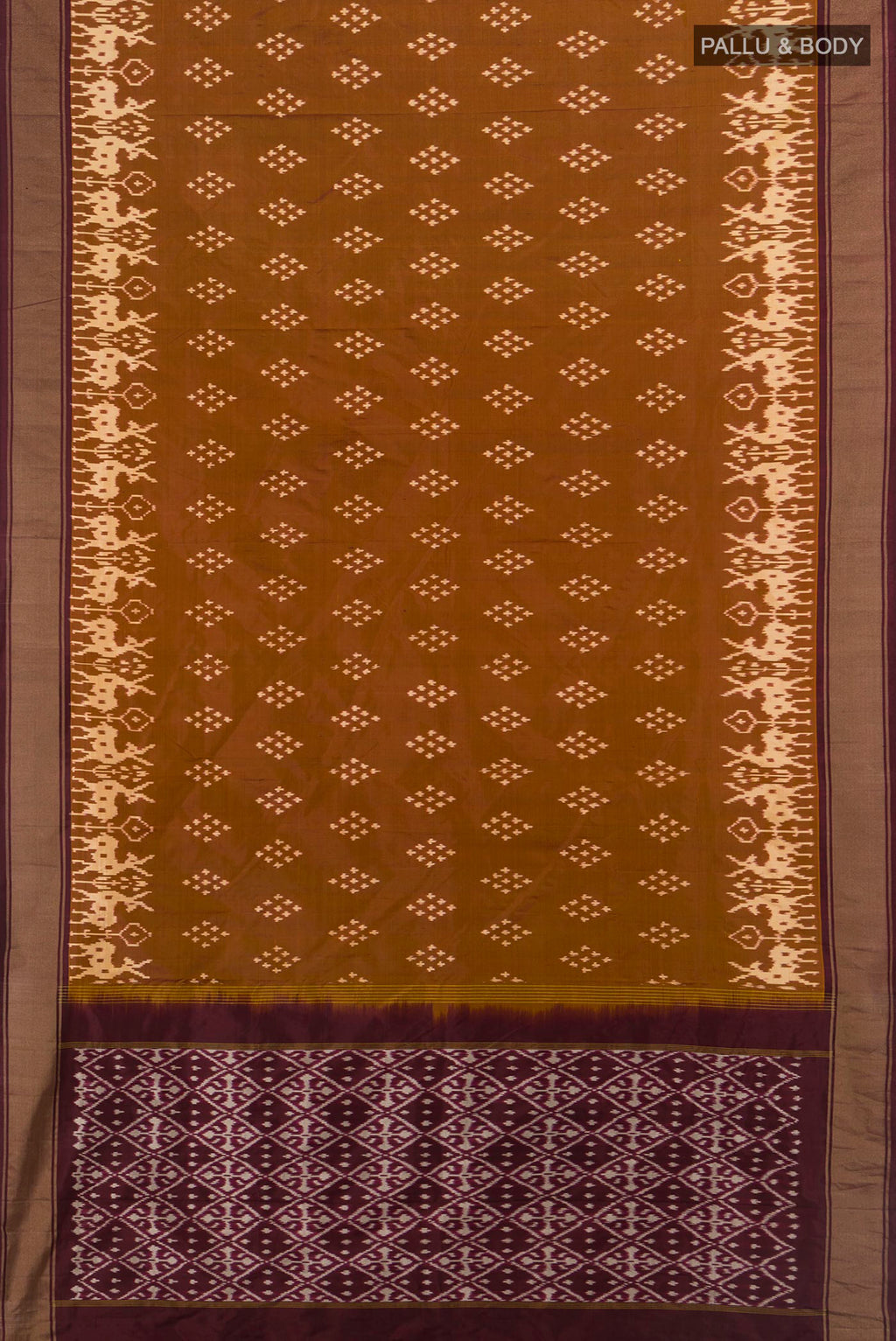 Flat view of Pure Silk Brown Pochampally Saree with Pure Ikat on the body and Zari Border. 