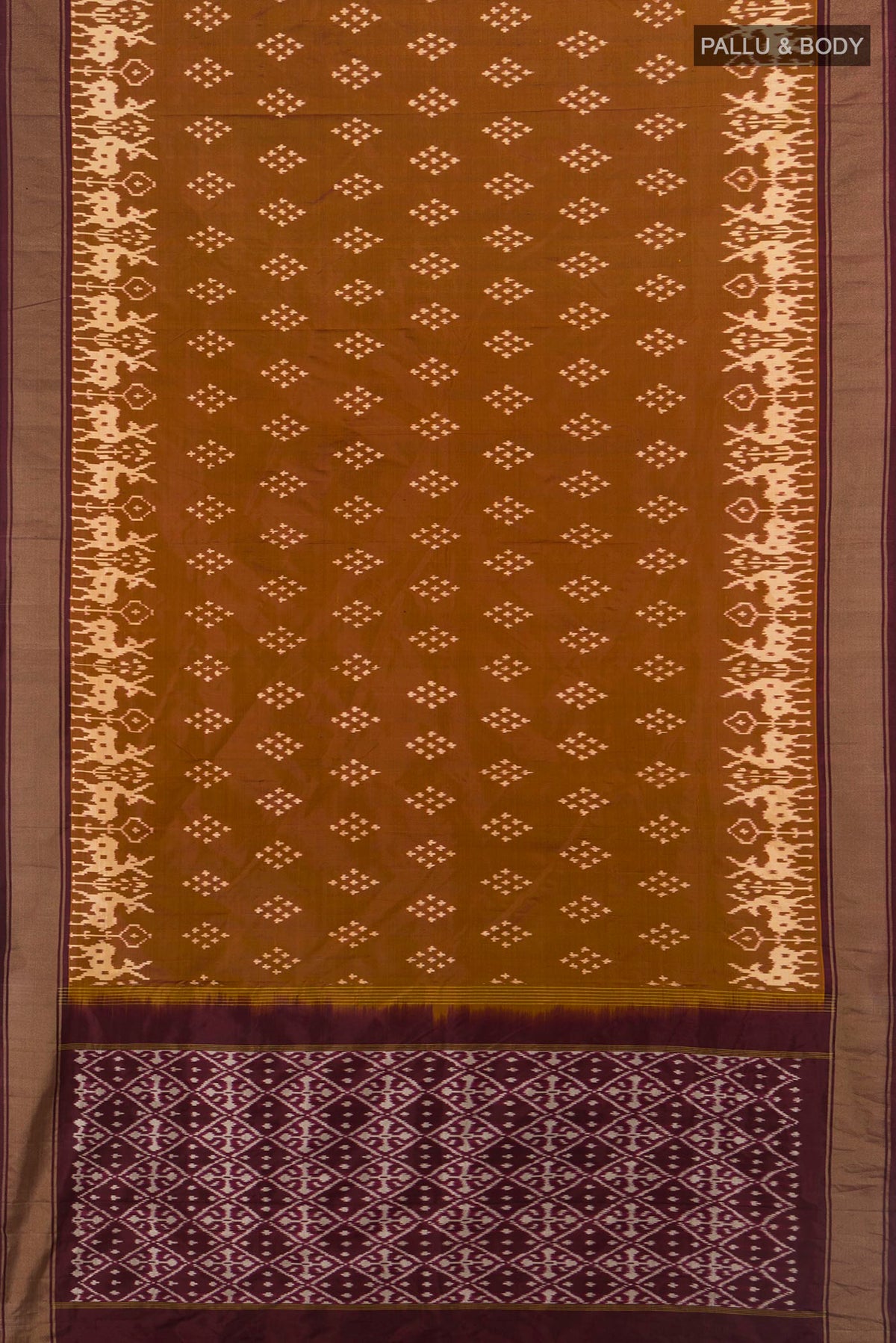 Flat view of Pure Silk Brown Pochampally Saree with Pure Ikat on the body and Zari Border. 