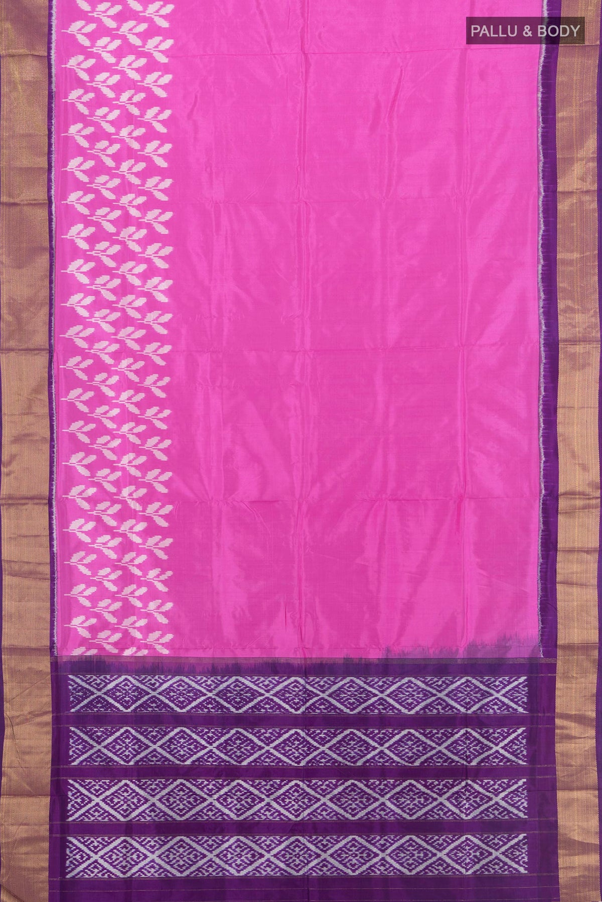 Flat view of Pure Silk Rose pink Pochampally Saree with Pure Ikat on the body and Zari Border. 
