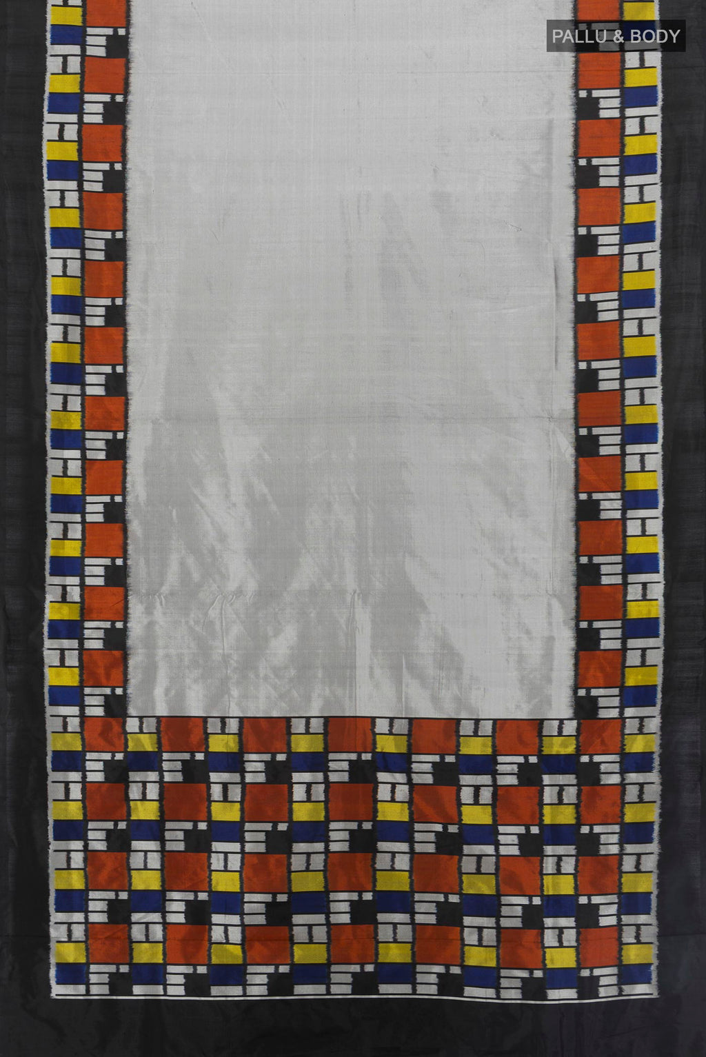 Flat view of Pure Silk Grey Pochampally Saree with Plain Body and Ikat Border. 