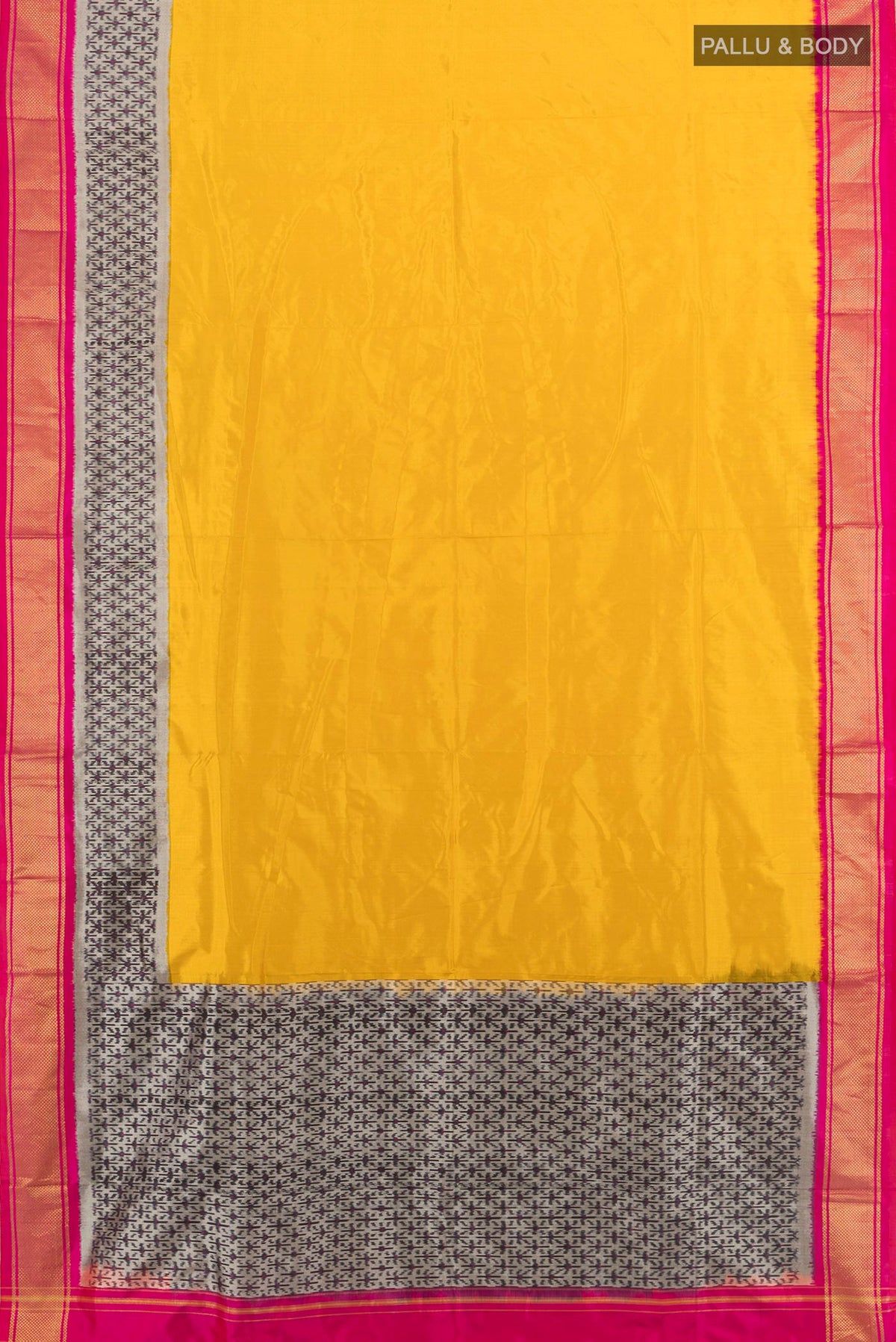 Flat view of Pure Silk Mustard Pochampally Saree with Plain Body and Zari Border. 
