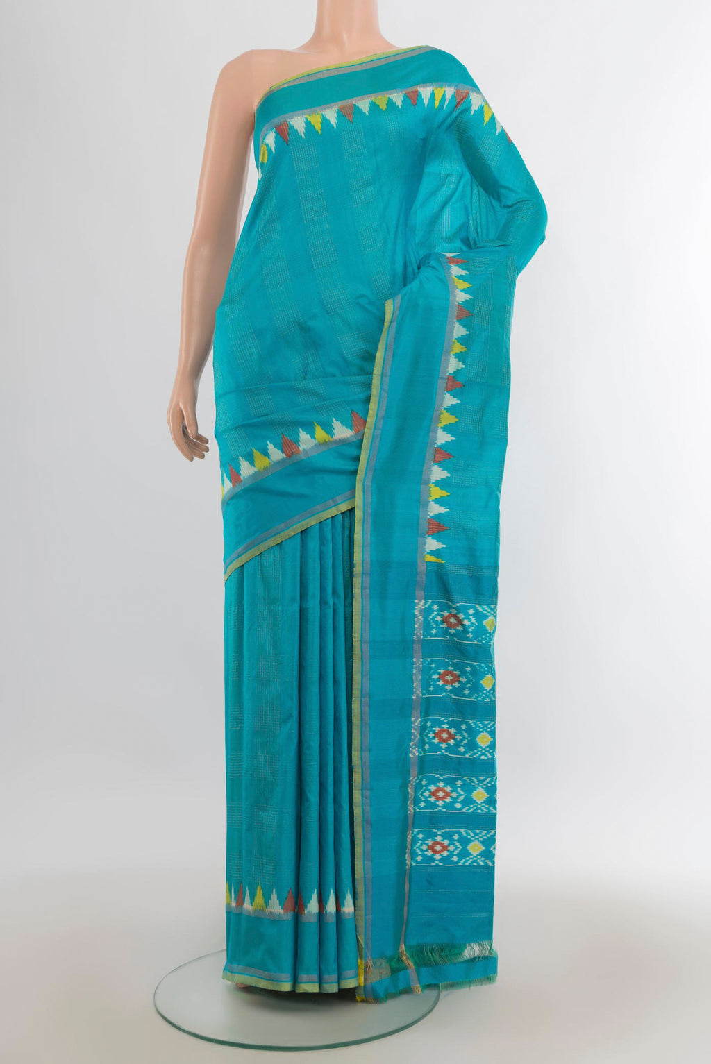 Pure Silk Light Blue Pochampally Saree with Plain Body and Zari Border.  displayed on a mannequin