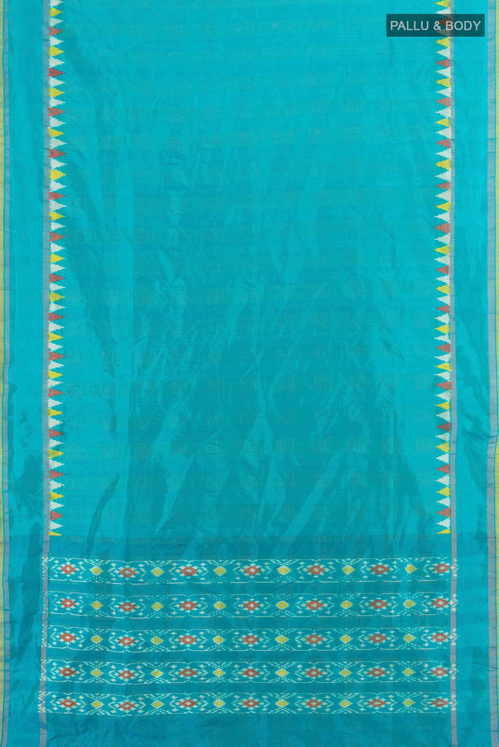 Flat view of Pure Silk Light Blue Pochampally Saree with Plain Body and Zari Border. 
