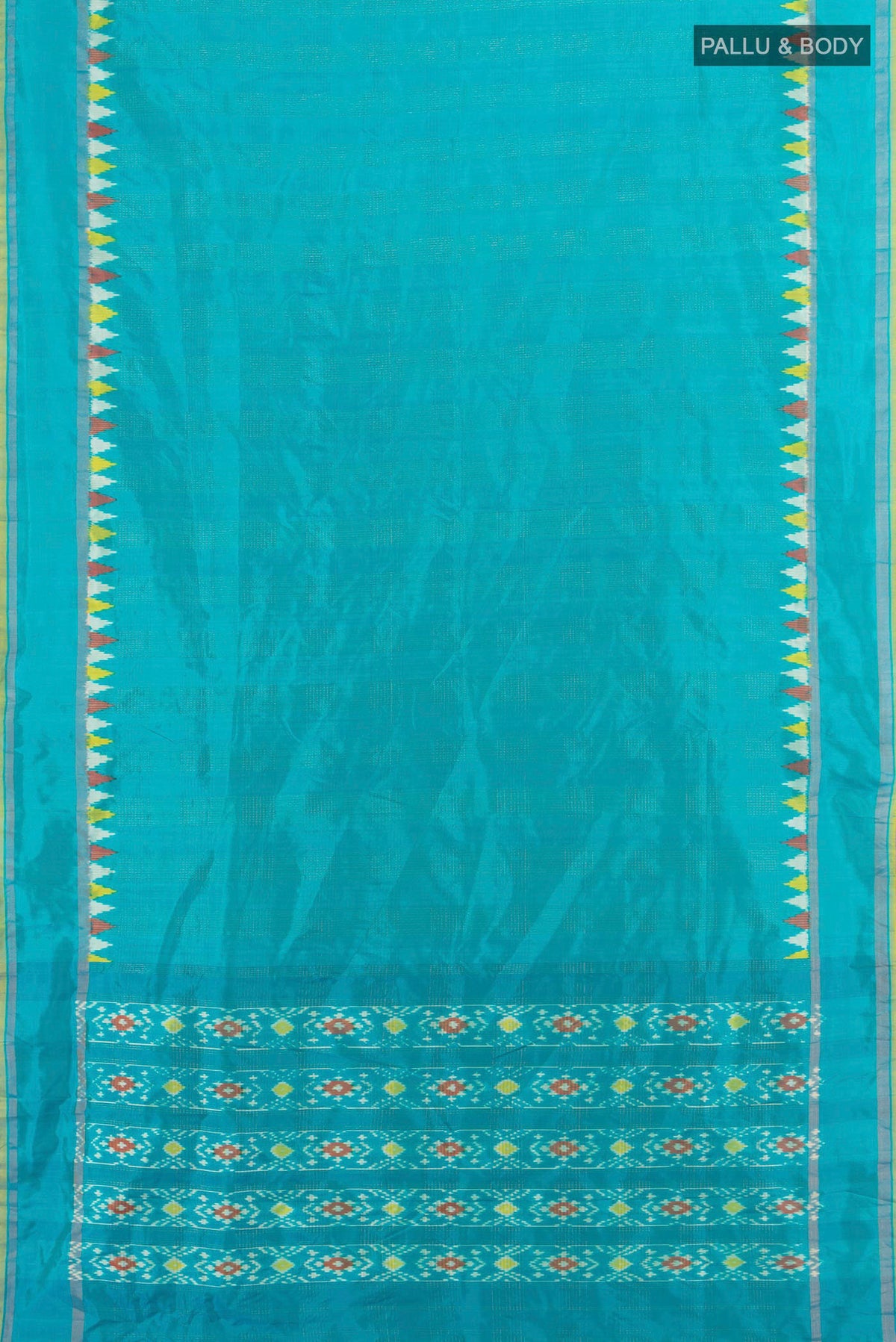 Flat view of Pure Silk Light Blue Pochampally Saree with Plain Body and Zari Border. 