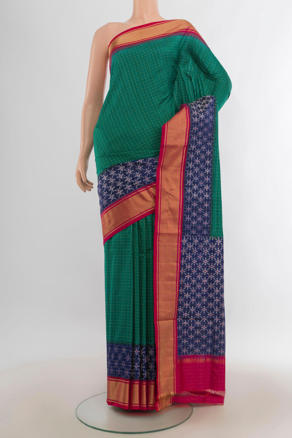 Pure Silk Sea Green Pochampally Saree with Checked design on the body and Zari Border.  displayed on a mannequin