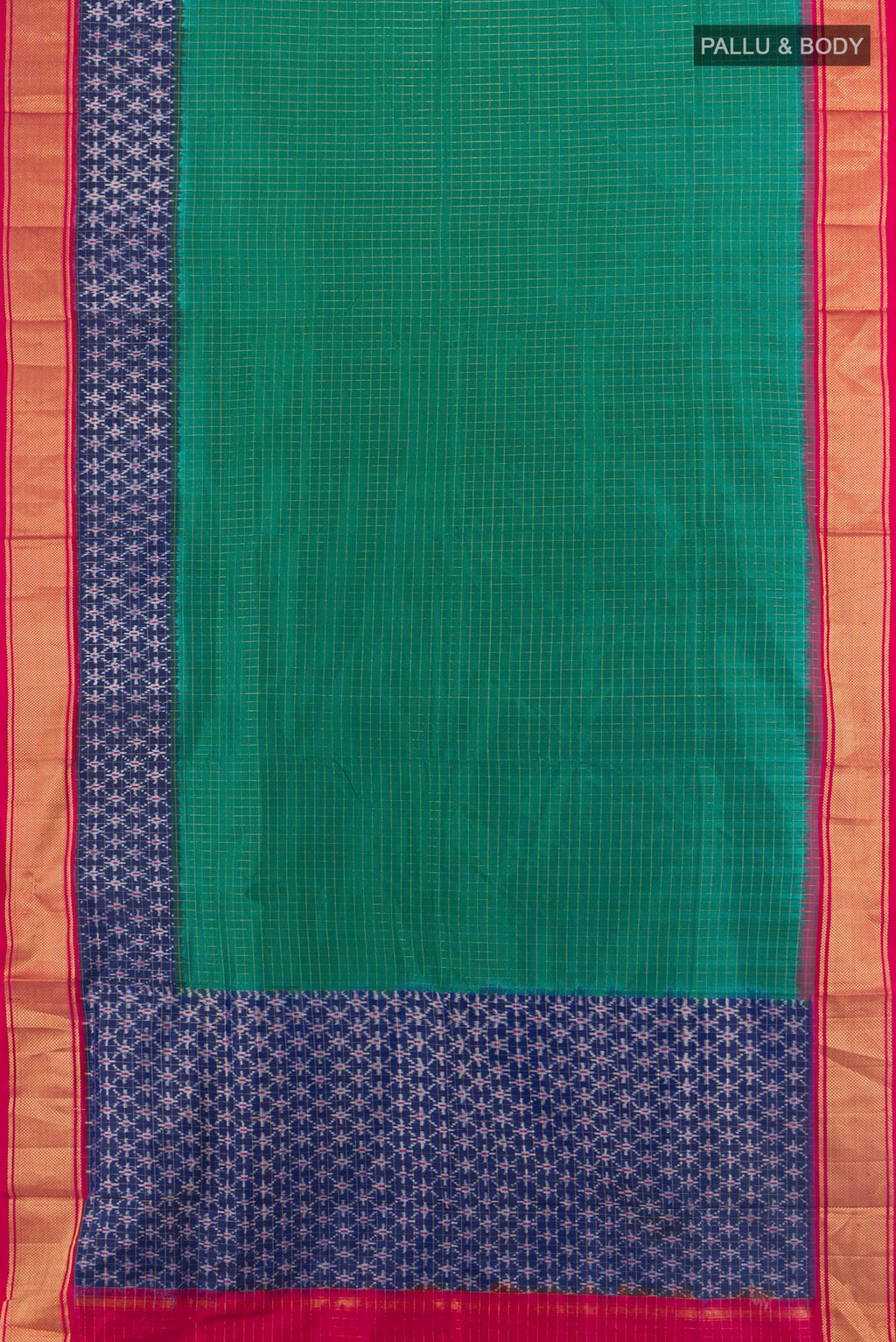 Flat view of Pure Silk Sea Green Pochampally Saree with Checked design on the body and Zari Border. 