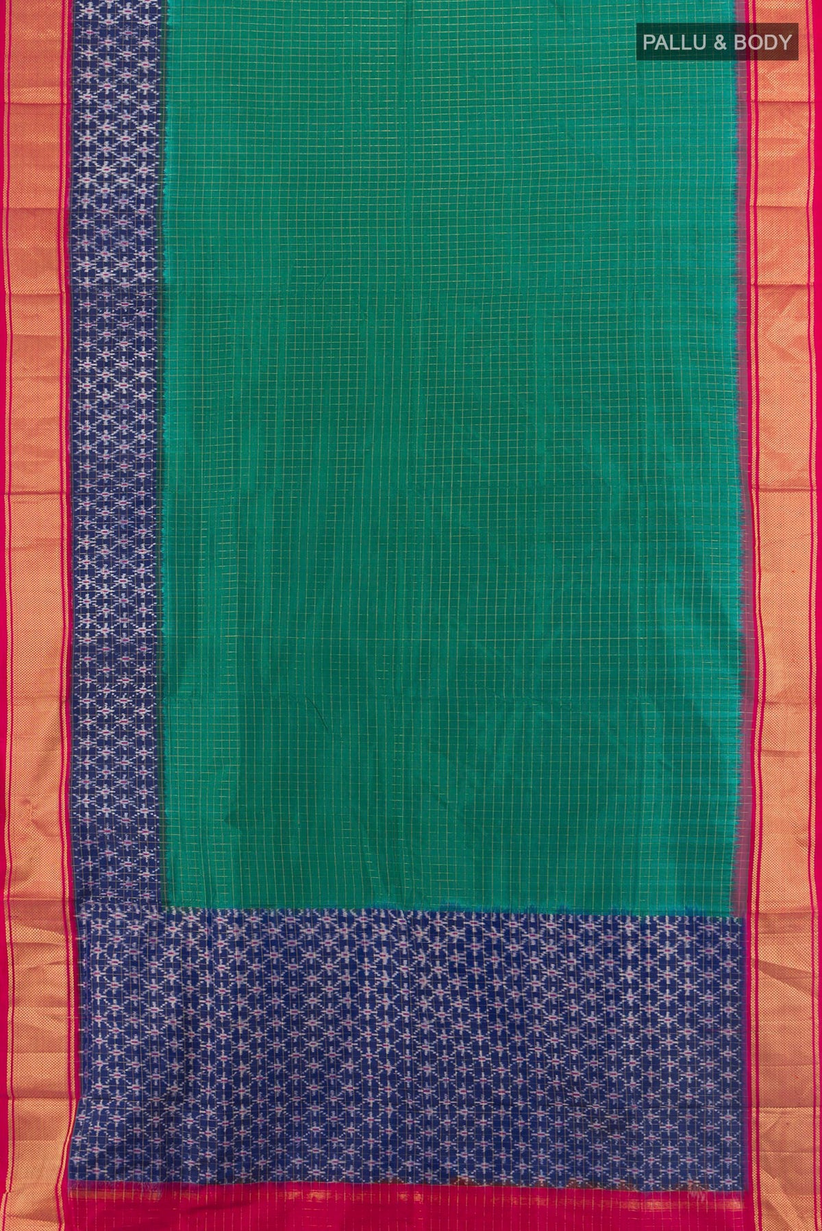 Flat view of Pure Silk Sea Green Pochampally Saree with Checked design on the body and Zari Border. 